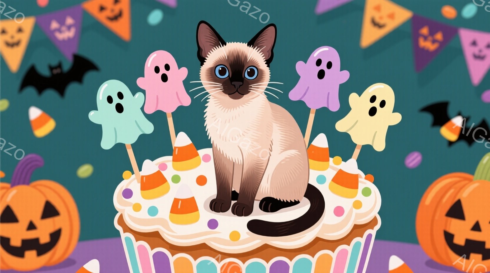 シナモン色の猫が、ハロウィーンのデコレーションが施されたケーキの上に座っています。ケーキにはキャンディコーンや可愛いお化けの飾りがあり、背景にはオレンジ色のジャック・オー・ランタンやコウモリのモチーフ - AI生成フリー素材