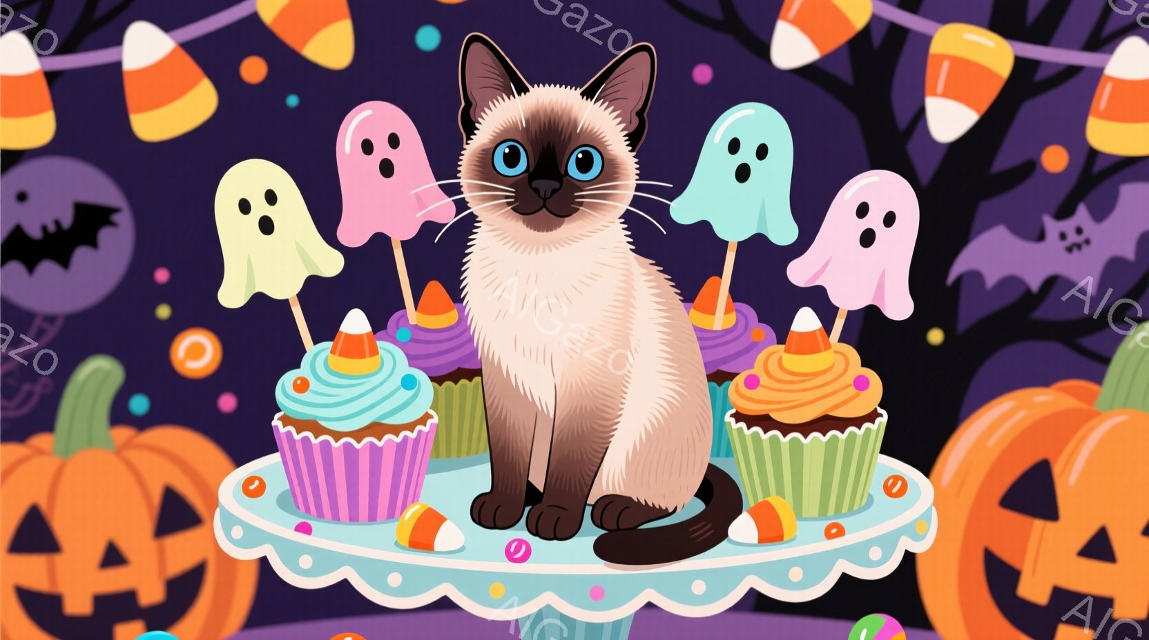 シナモン色の猫が、カップケーキやキャンディーが並んだケーキスタンドの上に座っています。背景は紫色の空にハロウィーンの装飾、カボチャ、お化け、コウモリが描かれており、お祭り気分を盛り上げています。全体的に、可愛らしく、遊び心のあるハロウィーンの雰囲気が漂っています。