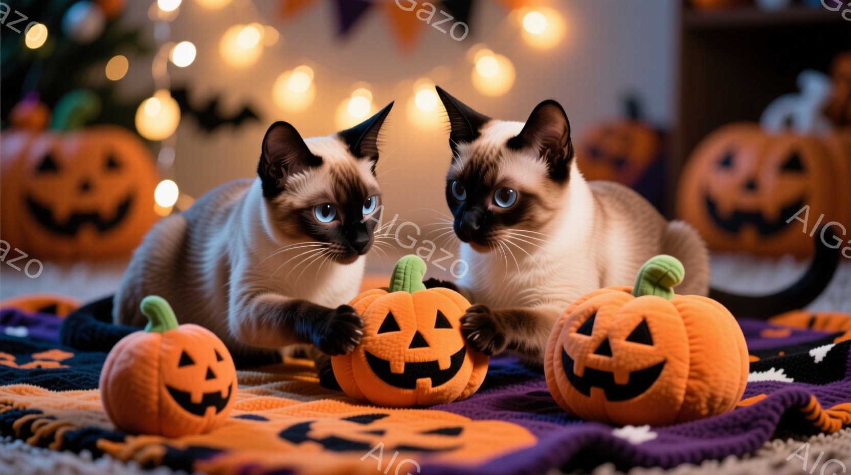 シーマーズの猫二匹が紫色の布の上に座り、ハロウィーンの小さなカボチャの置物を囲んでいます。猫たちはリラックスした様子で、穏やかな表情を浮かべており、その毛並みはクリーム色と茶色の美しいコントラストを描 - AI生成フリー素材