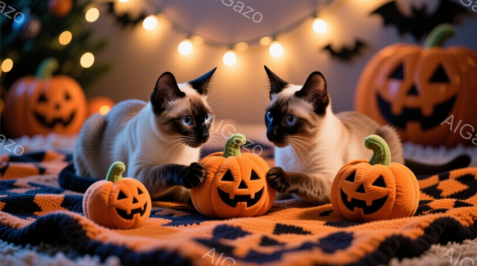シーマ猫がオレンジと黒の模様の毛布の上に座り、ハロウィーンの小さなジャック・オ・ランタンのおもちゃに興味津々に見つめている。背景には、様々な大きさのジャック・オ・ランタンと、温かい光を放つハロウィーンライトのガーランドがあり、全体的に秋の穏やかで楽しい雰囲気を醸し出している。猫たちのつぶらな瞳と、ハロウィーンの装飾が、季節の喜びを強調している。