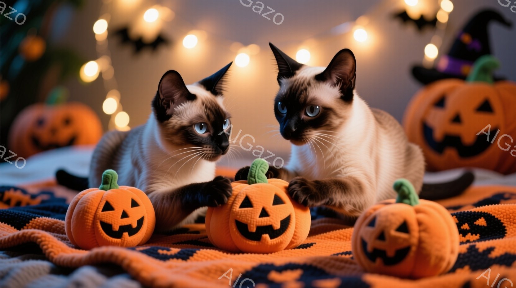 シーマル猫がオレンジ色のハロウィン柄の毛布の上に座り、小さなオレンジ色のジャック・オー・ランタンのおもちゃを前に抱えています。猫は前足を伸ばし、おもちゃに触れようとしており、好奇心旺盛な表情をしています。背景には、ハロウィーンの装飾、オレンジ色の光、そして黒いバットのシルエットが見え、全体的に暖かくお祝いムードにあふれています。