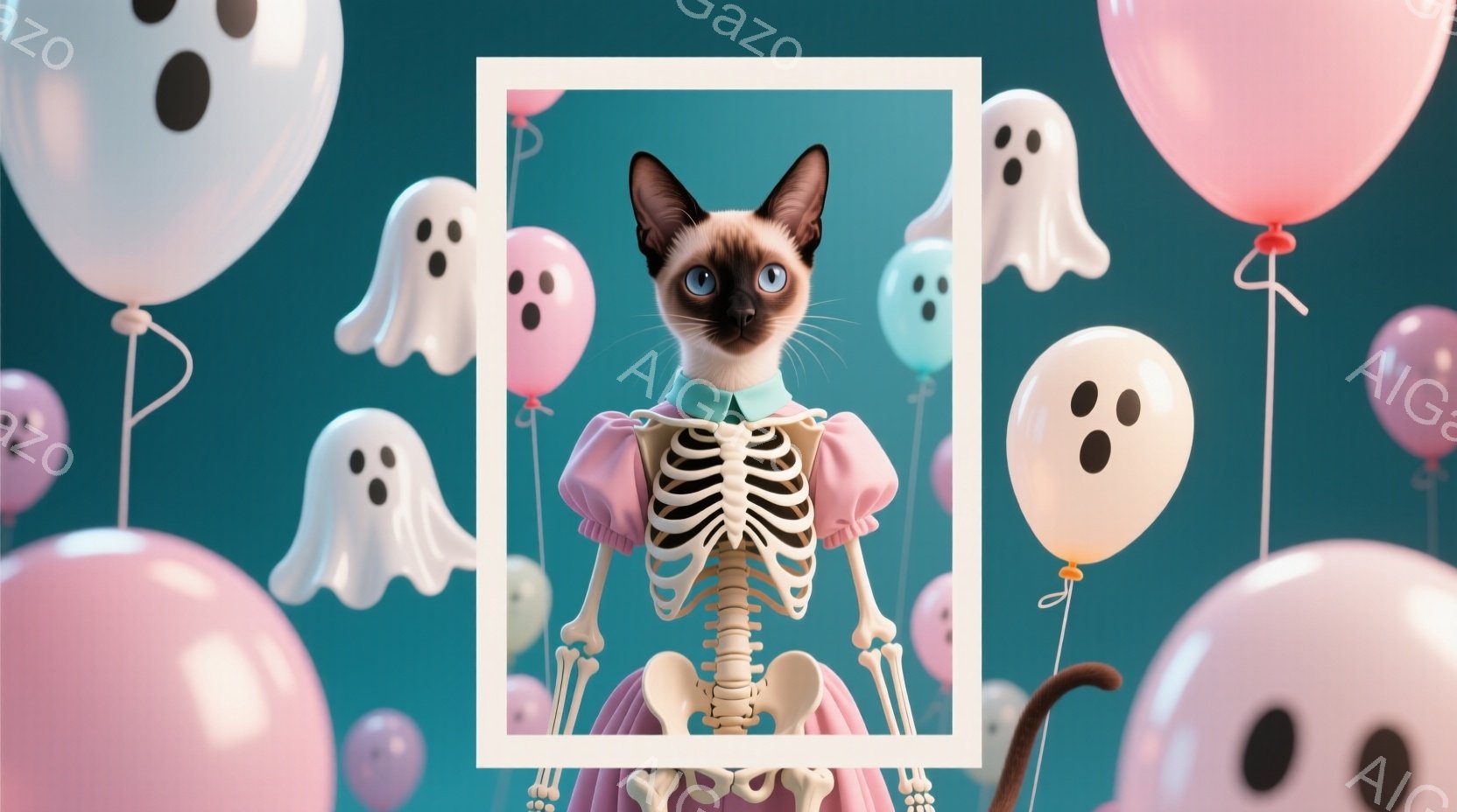 白いフレームの中に、骨格の衣装を着たシャム猫が立っています。猫はピンクのフリルのドレスのような衣装の上部に骨格が露出しており、首輪をつけて鋭い青い目で見つめています。背景はターコイズブルーで、ピンク色の幽霊の形をした風船や、幽霊の形をした装飾が浮かび、ハロウィーンのような陽気な雰囲気を醸し出しています。
