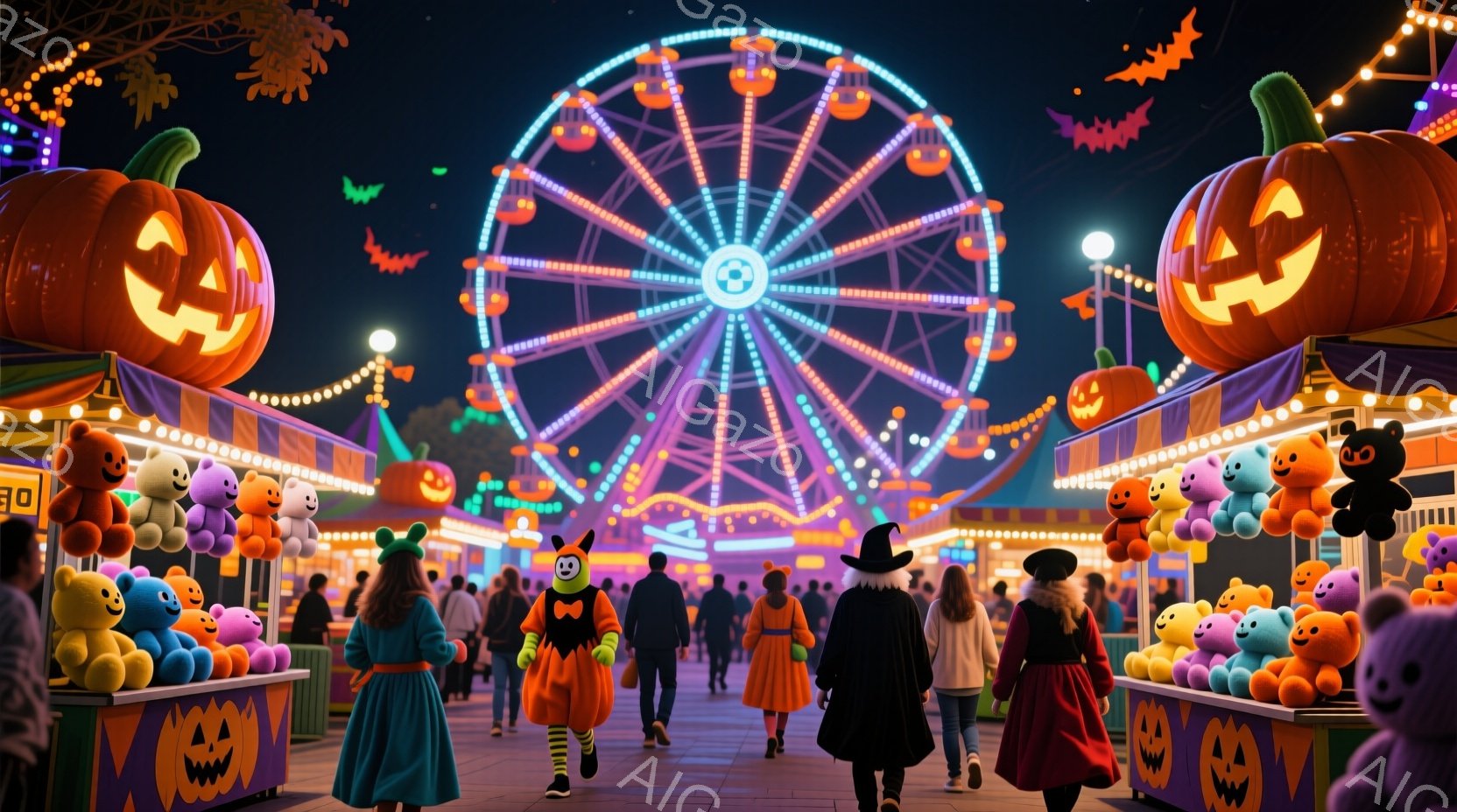ハロウィーンの遊園地では、人々が仮装をして楽しんでいます。背景には光り輝く観覧車があり、ゲームブースにはカラフルなぬいぐるみがたくさん並んでいます。夜空にはコウモリが舞い、全体的に賑やかで楽しいハロウ - AI生成フリー素材