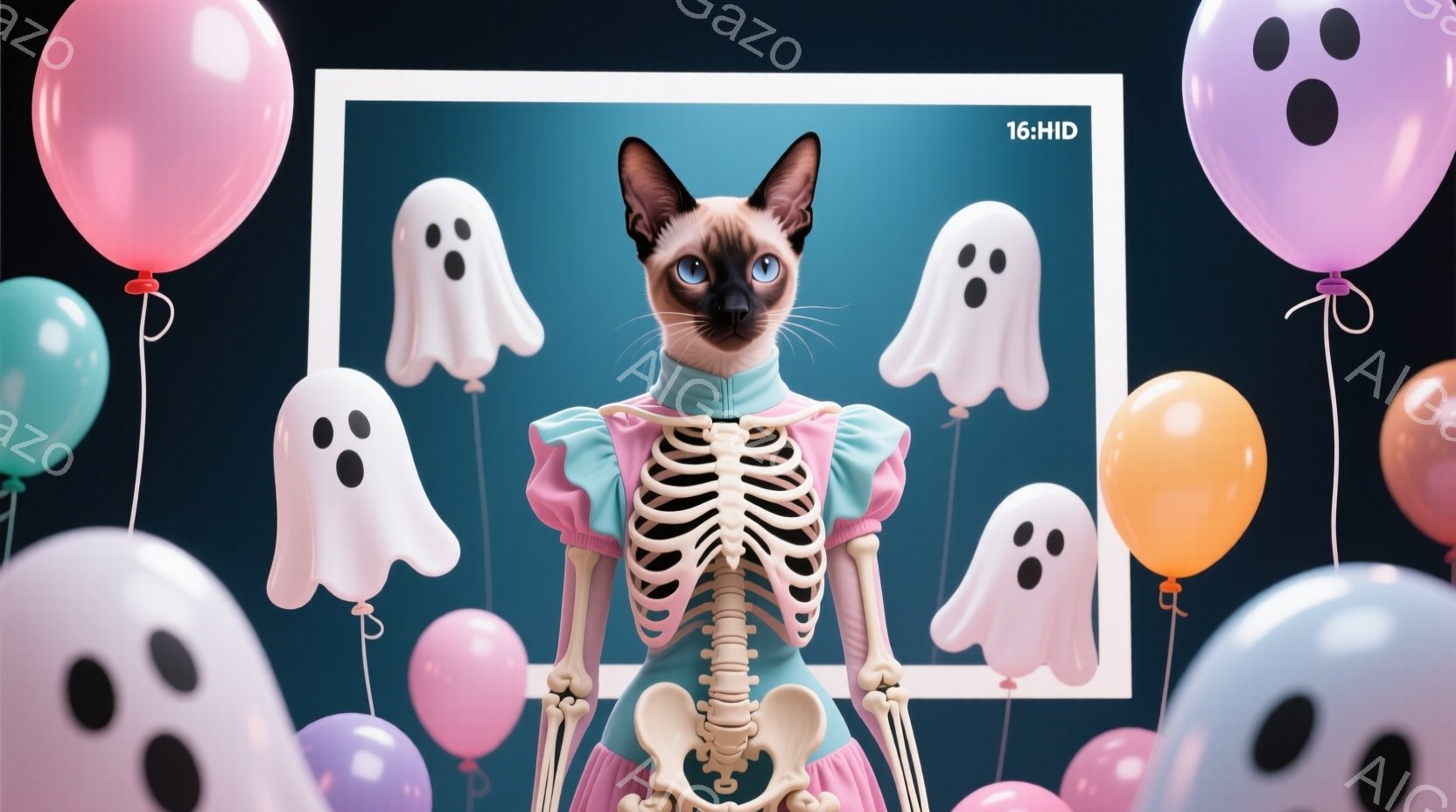 白い背景に、骨格モチーフのハロウィンコスチュームを着たシャム猫が立っています。猫は正面を向き、青い瞳でカメラを見つめ、少しいたずらっぽい表情をしています。背景には、ピンク、オレンジ、水色の風船と幽霊の - AI生成フリー素材
