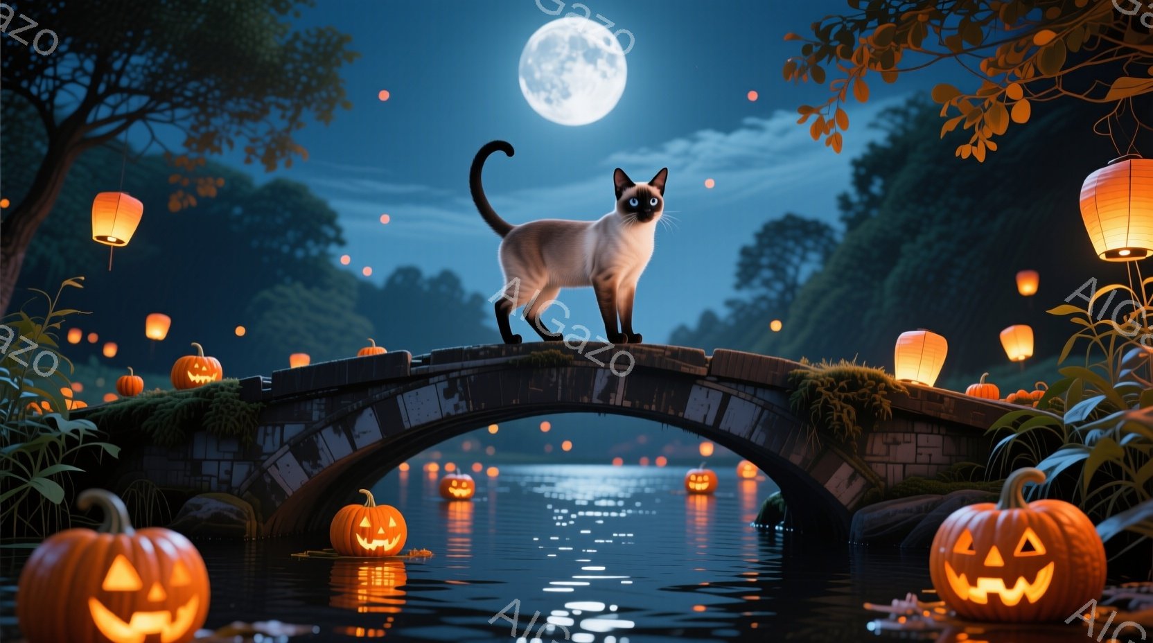 アーチ型の石橋の上に、シャム猫が堂々と立っている。周囲には様々な大きさのジャック・オ・ランタンが配置され、水面を照らし、月明かりと合わさって幻想的な雰囲気を醸し出している。背景は暗い森と水面で、ハロウ - AI生成フリー素材