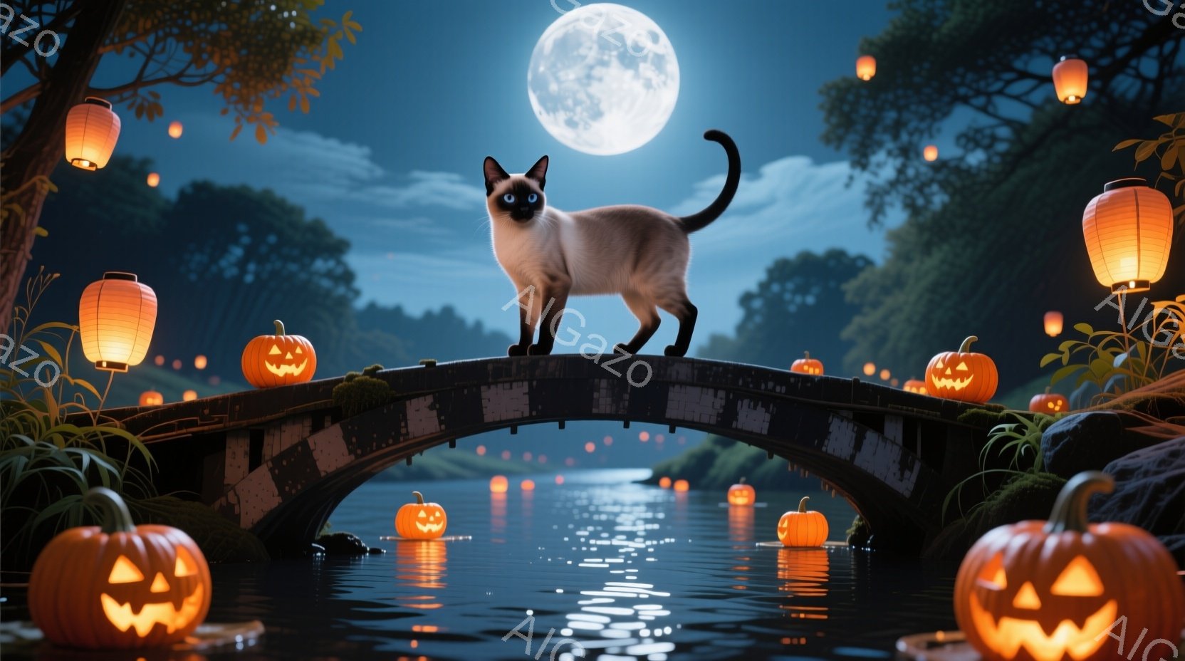 満月が輝く夜、橋の上に優雅なシャム猫が立っている。周囲にはカボチャのランタンが浮かび、水面に光を反射し、幻想的な雰囲気を醸し出している。背景には木々が茂り、水面は静かで、全体的にハロウィーンのような神 - AI生成フリー素材