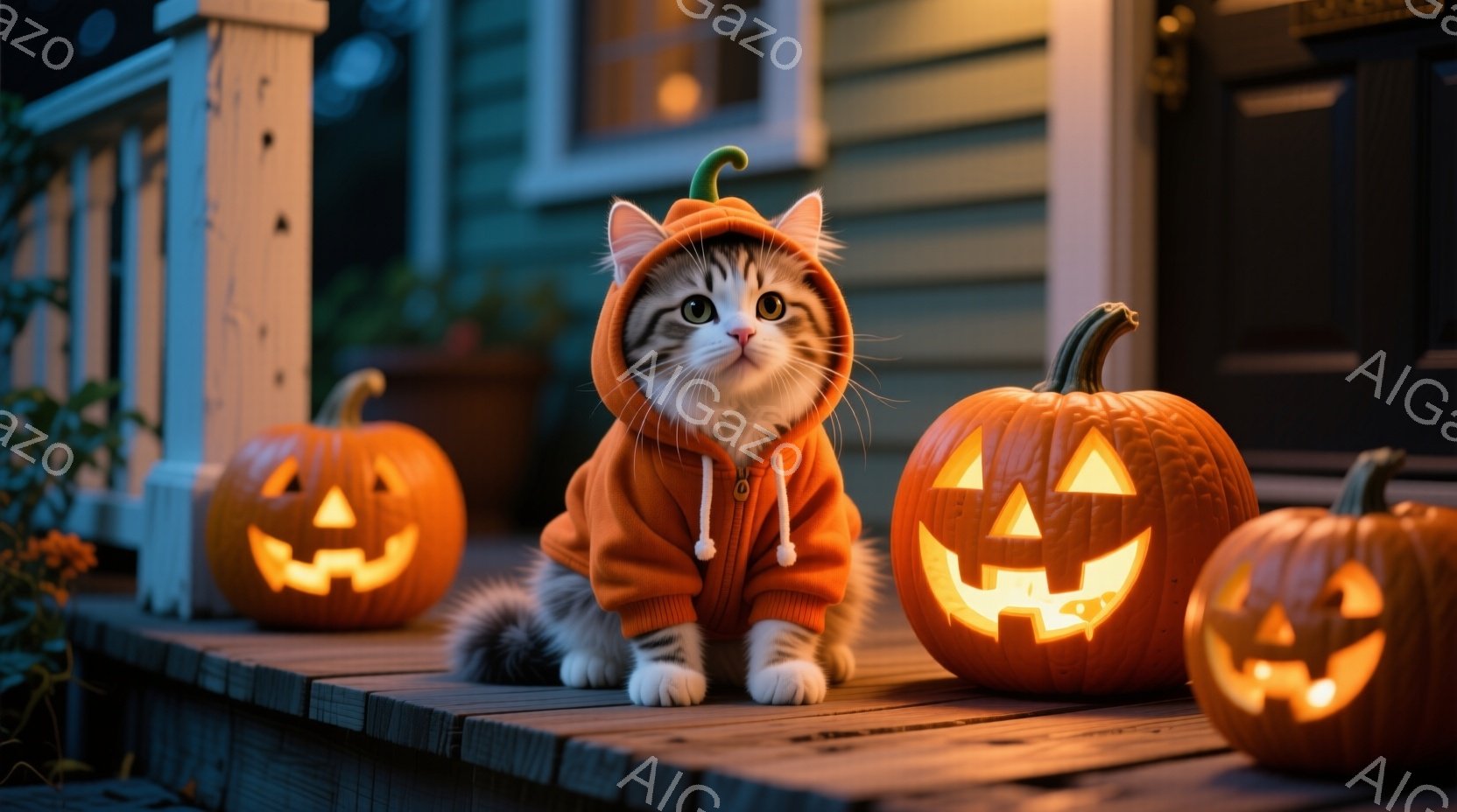 白と灰色の毛並みを持つ子猫が、オレンジ色のハロウィン風のパーカーを着て、木製のデッキに座っています。周囲には3つのジャック・オー・ランタンが置かれ、暖かく明るい光を放っています。背景には暗い青色の壁と - AI生成フリー素材