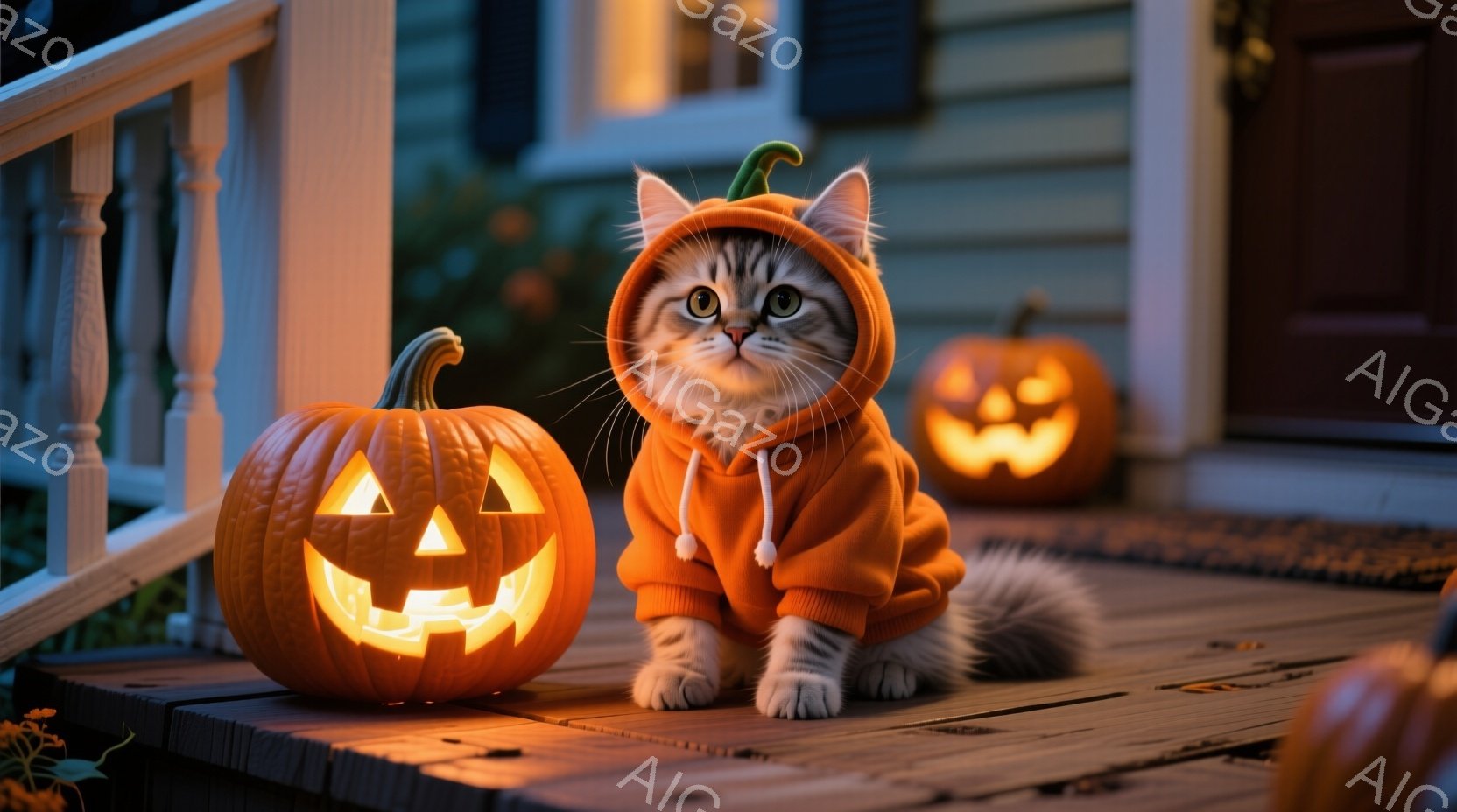 白と灰色の毛並みを持つ子猫が、ハロウィーンをテーマにしたオレンジ色のパーカーを着て、木製のデッキの上に座っています。パーカーのフードは頭を覆い、子猫は前足を揃えて少し緊張した表情で正面を見つめています - AI生成フリー素材