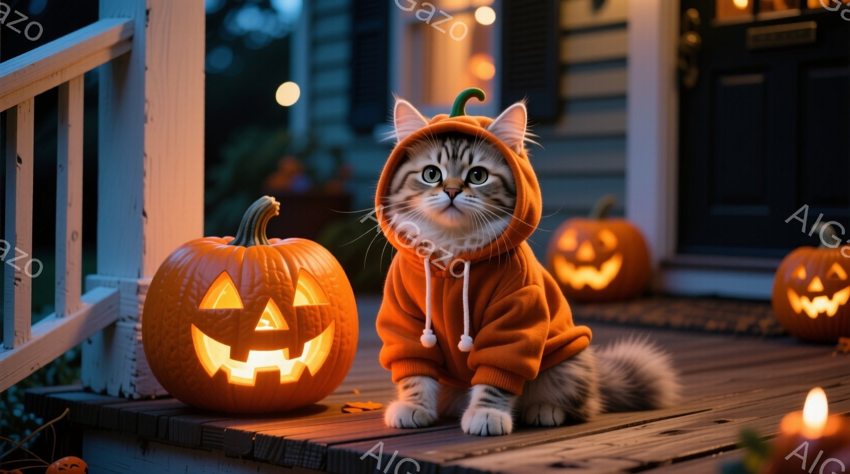 夜間のホロウィック風味のステージに設定された、猫が「Halloween」を感じる様子を描いています。猫はオレンジのリュックサック風のコスチュームを着ており、驚いたような表情で垂直に座っています。背景は - AI生成フリー素材