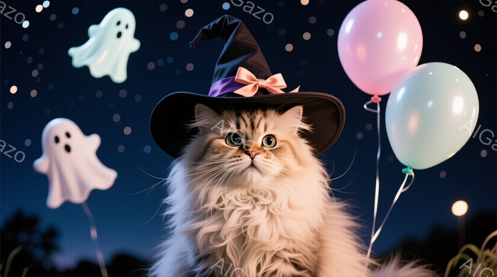 ふわふわの白い長毛猫が、ハロウィーンらしい黒い魔女帽子を被っています。その表情は穏やかで、少しいたずらっぽい微笑みを浮かべています。背景には、水色の風船と、ぼんやりとした幽霊の姿が浮かび、夜空には星が - AI生成フリー素材
