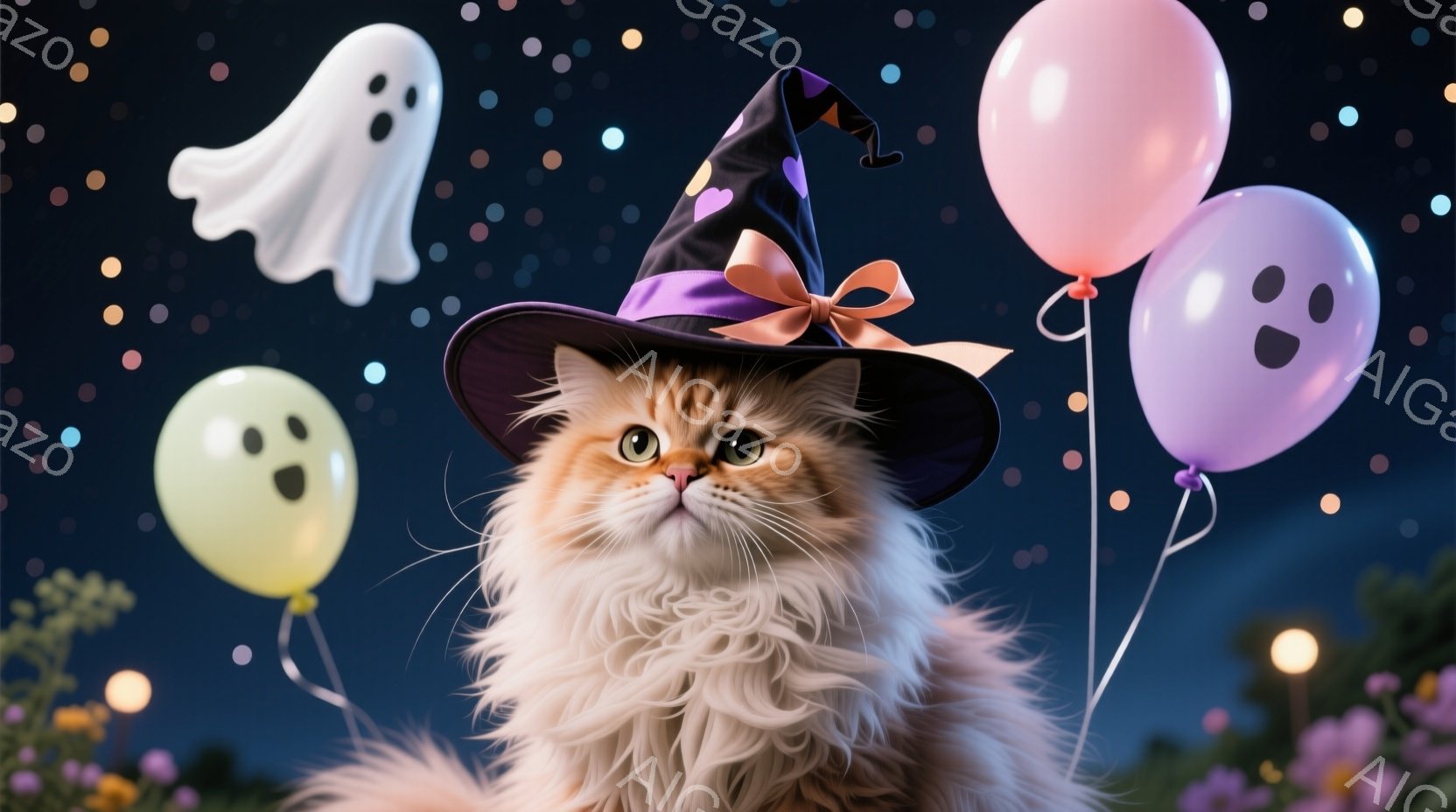 ふわふわのクリーム色の長毛猫が、ハロウィーンらしい紫色の魔女帽子を被っています。猫は少し上目遣いで、穏やかな表情で、周囲に浮かぶハロウィーンの装飾である幽霊や風船を見つめています。背景は夜空と植物で、遠くにぼんやりと光る街灯があり、全体的に幻想的で可愛らしい雰囲気が漂っています。