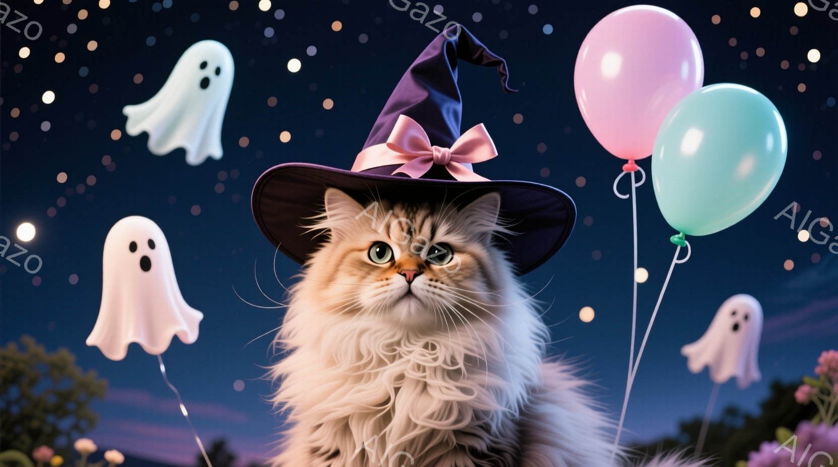 ふわふわの長い毛並みを持つ猫が、ハロウィーンらしい黒い帽子を被り、正面を見つめています。周りには白い幽霊のような形をしたものが浮かび、水色とピンクの風船が猫の周りを彩っています。背景は夜空で、星が散り - AI生成フリー素材
