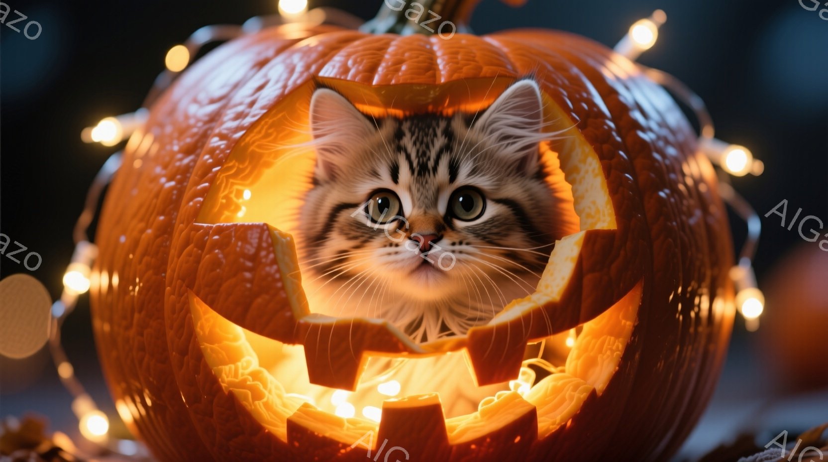 オレンジ色のくり抜かれたハロウィーンカボチャの中に、縞模様の猫が顔を出しています。猫は好奇心に満ちた表情でカメラを見つめ、明るい光がその姿を照らしています。背景にはぼんやりとした光の列があり、温かく楽 - AI生成フリー素材