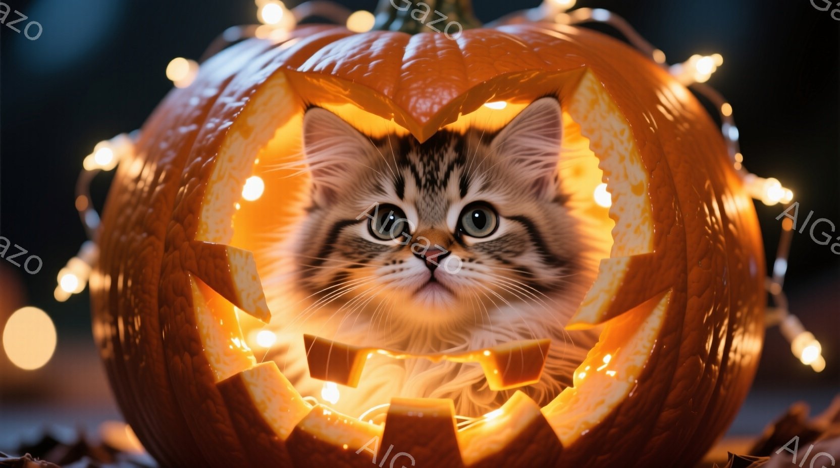 小さな縞模様の猫が、彫刻が施されたオレンジ色のカボチャの中に顔を覗かせています。カボチャの内側は明るく光っており、猫の顔を照らし出しています。背景にはぼやけた光の飾りがあり、ハロウィーンの温かく楽しい雰囲気を醸し出しています。
