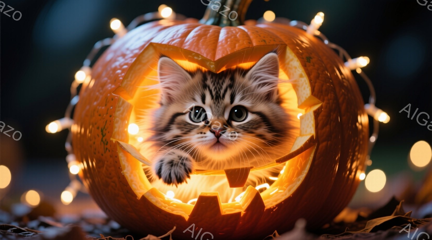 小さな縞模様の猫が、くり抜かれたハロウィンのカボチャの中から顔を出しています。猫は好奇心と少しの戸惑いが入り混じった表情で、片方の前足をカボチャの縁にかけています。背景にはぼやけたライトの帯と落ち葉が - AI生成フリー素材