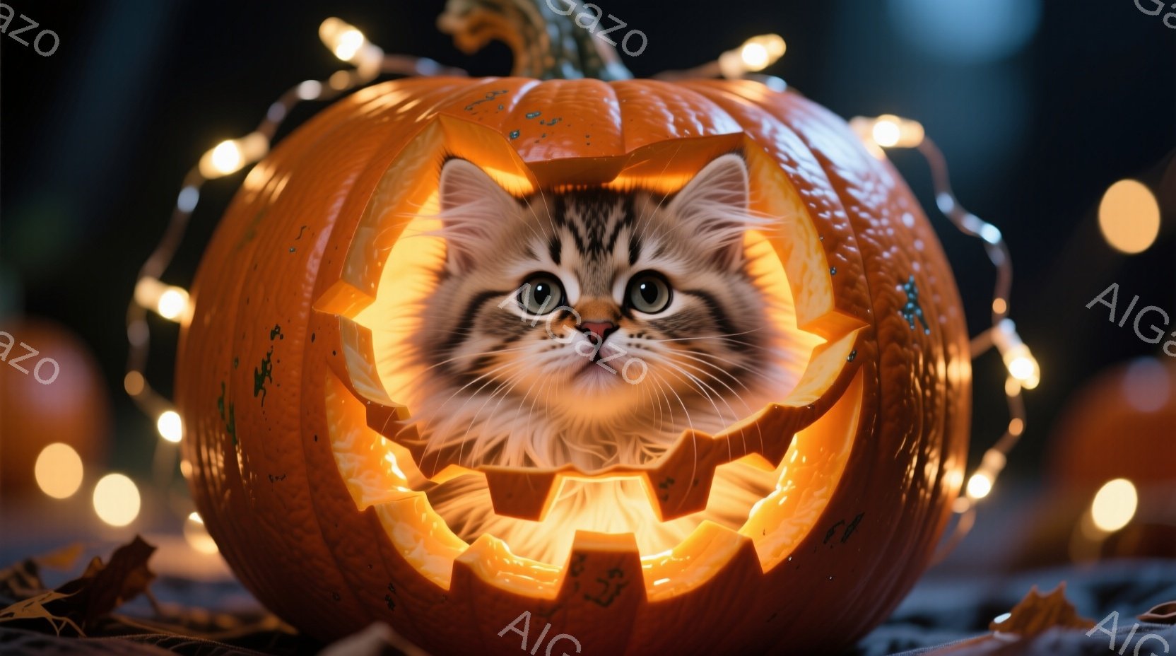 縞模様の小さな子猫が、ジャック・オー・ランタンとしてくり抜かれたオレンジ色のカボチャの中に顔を出しています。子猫は好奇心とわずかな戸惑いが入り混じった表情で正面を見つめ、その周りにはぼんやりとした暖か - AI生成フリー素材