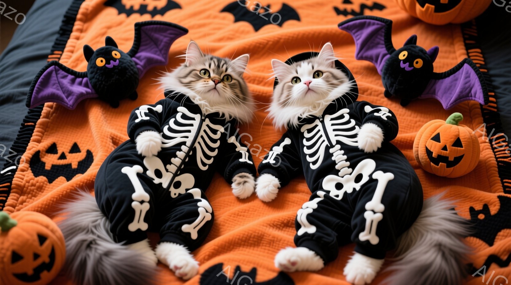 白と黒の毛並みを持つ二匹の猫が、ハロウィーンをテーマにした黒いスケルトンの衣装を着ています。猫たちはオレンジ色のふわふわした毛布の上に並んで座り、少し警戒したような表情をしています。背景には、ハロウィ - AI生成フリー素材