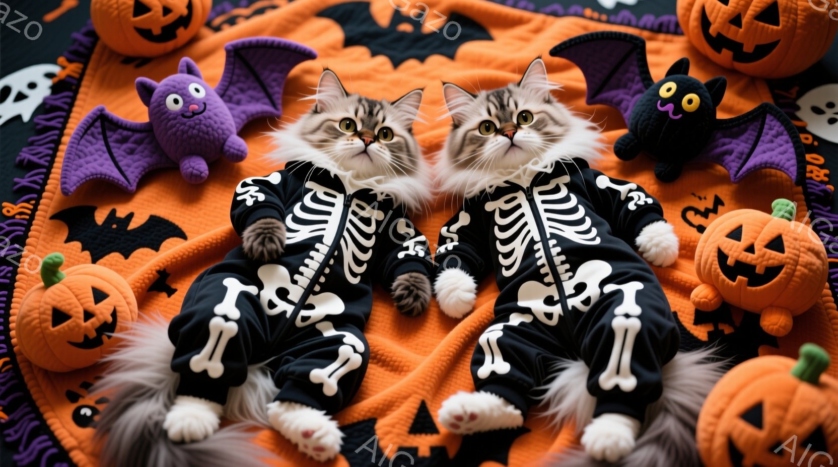 2匹の猫がハロウィーンをテーマにしたオレンジ色の背景に配置され、それぞれスケルトンのコスチュームを着ています。猫たちは四つん這いで、正面を見据えており、お茶目な表情を浮かべています。背景には、カボチャ - AI生成フリー素材