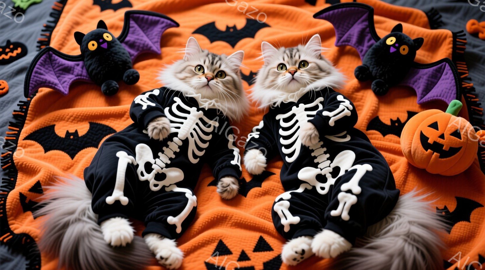 二匹の猫がハロウィーンの衣装を着て、オレンジ色の背景の上に横たわっています。猫たちは白い骨の模様が描かれた黒いジャンプスーツを着ており、ふわふわとした毛並みが特徴的です。背景には、かぼちゃやコウモリのモチーフが散りばめられており、ハロウィーンの楽しい雰囲気を醸し出しています。