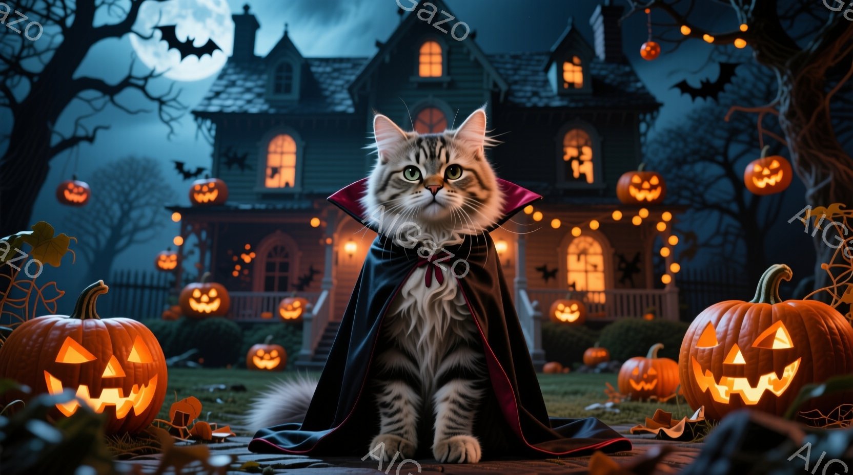 灰色の縞模様の猫が、黒いマントと赤い襟の衣装を着て、正面を向いて座っています。背景には、ハロウィーンの装飾が施された古い屋敷と、光るジャック・オ・ランタンが並び、暗い夜空と満月が怪奇な雰囲気を醸し出し - AI生成フリー素材