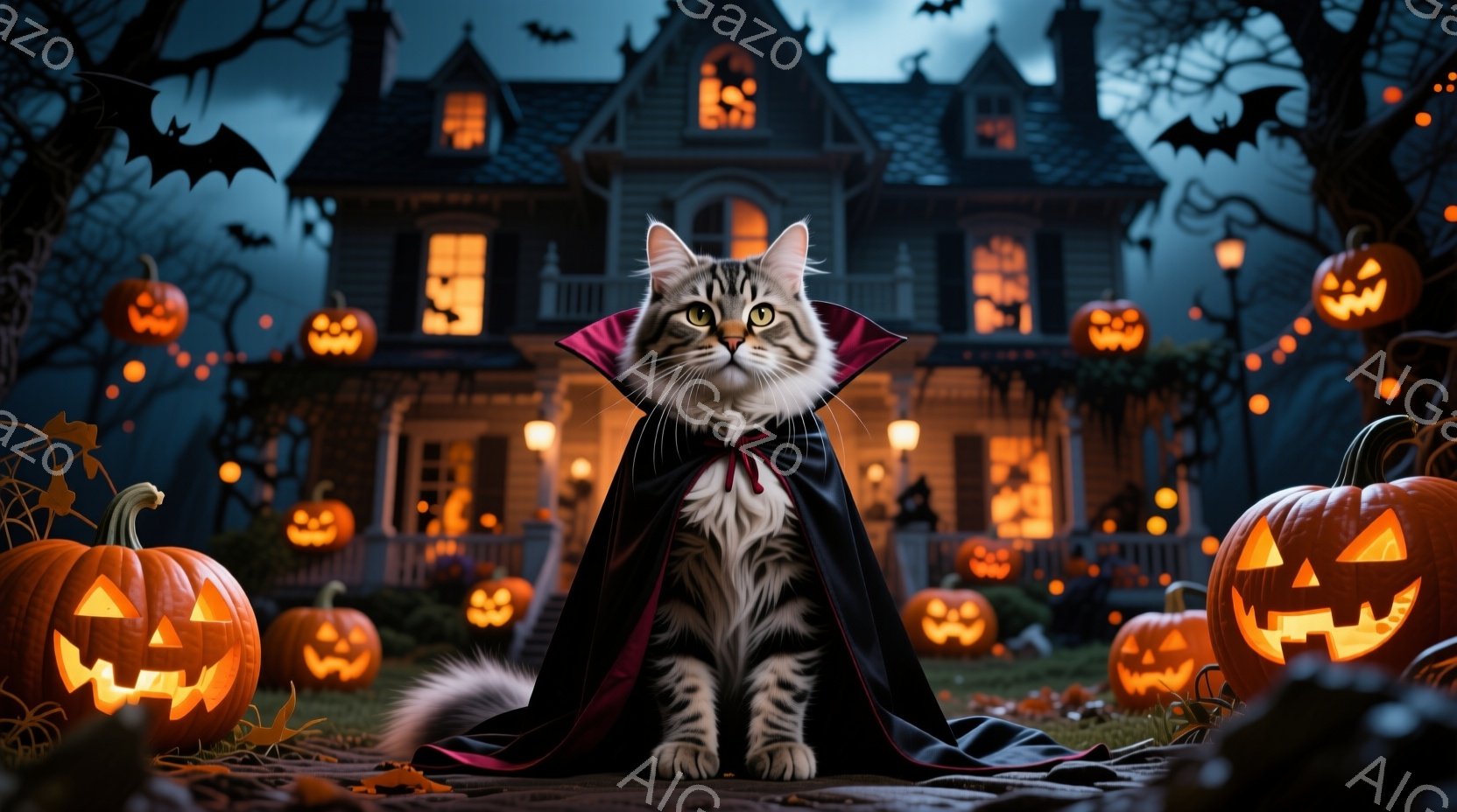 灰色の縞模様の猫が、ハロウィーンらしい黒いマントを羽織って座っています。背景には、ジャック・オー・ランタンで飾られた、不気味な屋敷が広がり、周囲には枯葉が散らばっています。全体的に、ハロウィーンの夜の幻想的で少し不気味な雰囲気が漂っています。