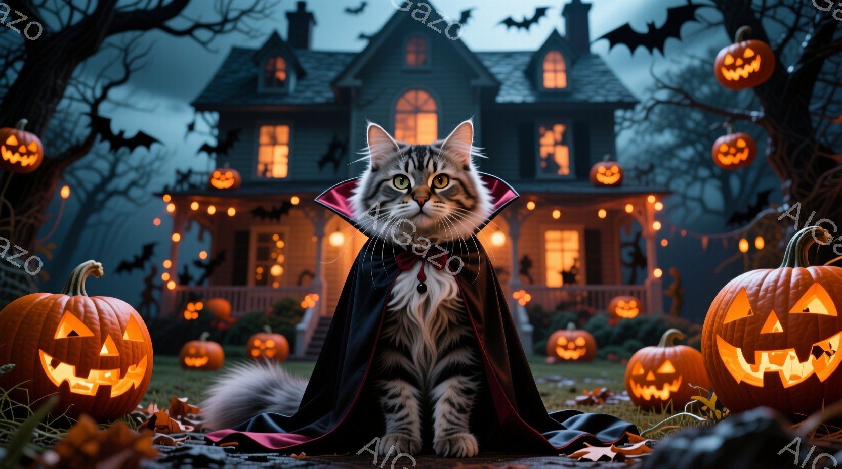 ホラー風のホログラフィックであり、タブbyという名前を持つハイキング・セルキャットが復活したような姿勢で写真に映っています。彼は胸に絞められたブラッドベースの上に座っており、手を肩から下げています。背景には、パンプキンが点で描かれており、屋敷と照明が印象的なホログラフィックの屋敷の前に座っています。雰囲気は恐ろしく、そしてスペクトラルであることが示されています。