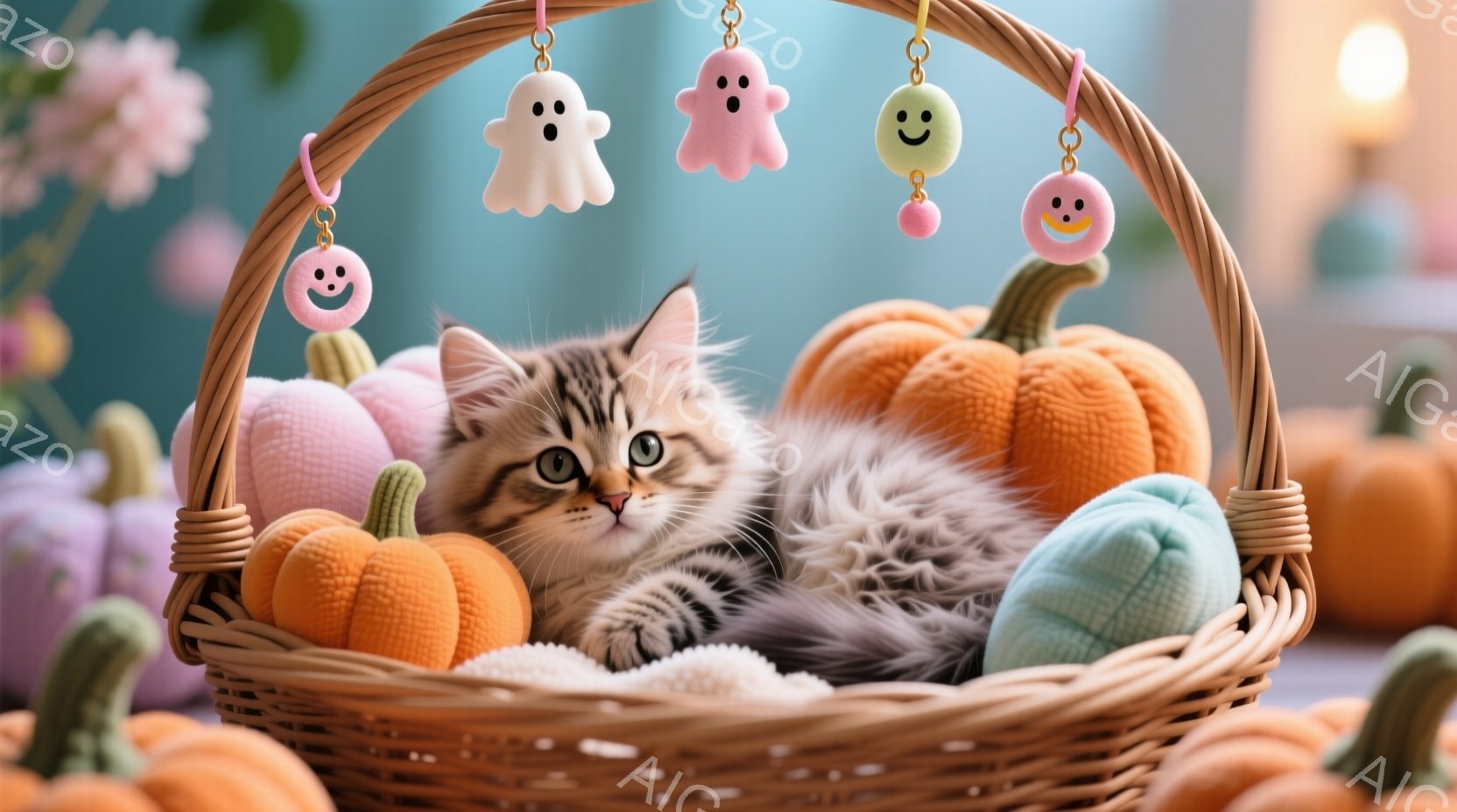 白と茶色の縞模様の小さな子猫が、様々な色のふわふわとしたカボチャに囲まれたバスケットの中で丸まって眠っています。頭上には、可愛らしいゴーストのオーナメントがぶら下がっており、背景にはぼやけたピンクの花 - AI生成フリー素材