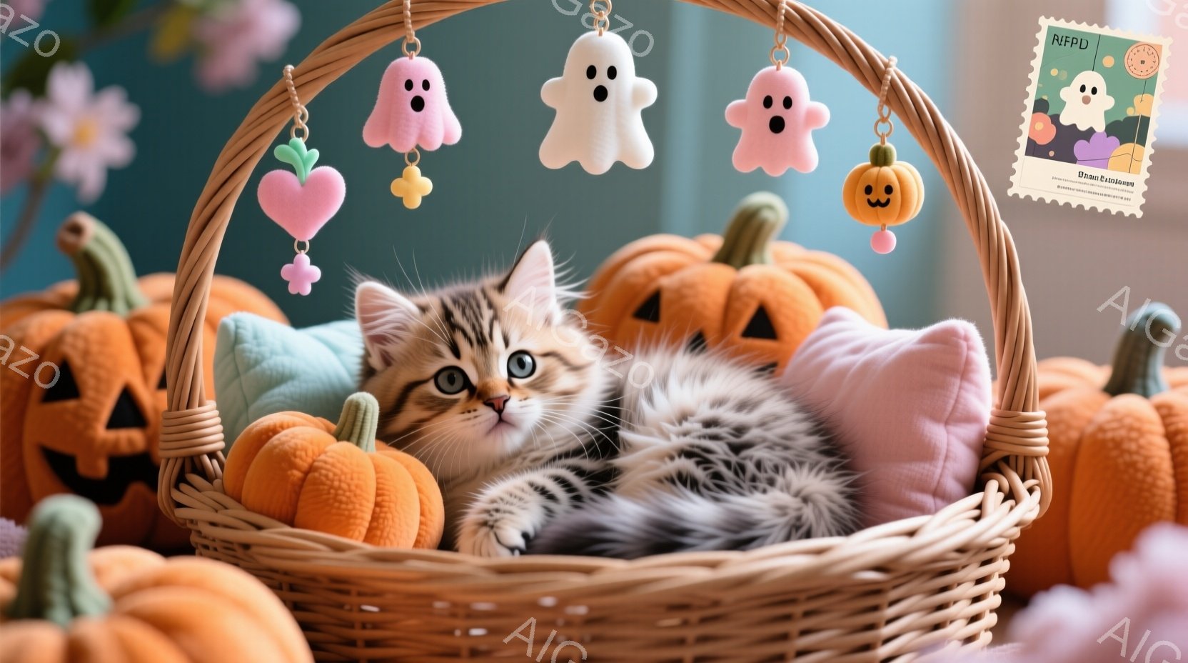 籠の中に小さなキジトラの猫が丸まって眠っています。籠の周りには、ハロウィンのカボチャやお化けの飾り、そしてカラフルなハンギングオーナメントが飾られ、秋の温かい雰囲気を醸し出しています。背景は淡い水色で、全体的に可愛らしく、ほのぼのとした印象を与えます。