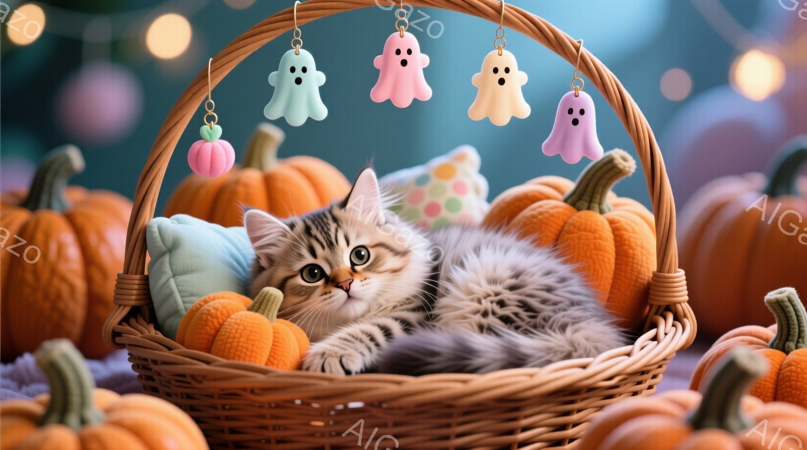 籠の中に縞模様の小さな子猫が丸まって横になっています。籠の周りにはオレンジ色のカボチャが並び、上には可愛らしい幽霊の飾り付けがぶら下がっています。全体的に暖かく、秋らしい雰囲気で、子猫の穏やかな表情が - AI生成フリー素材