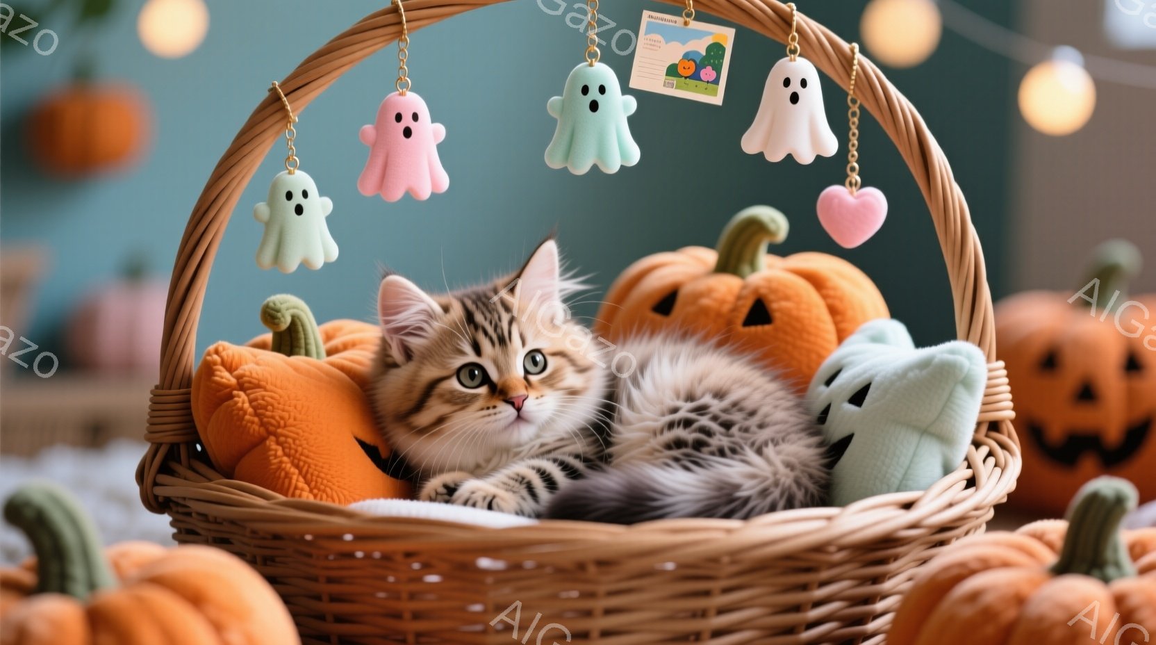 縞模様の小さな子猫が、オレンジ色のハロウィーンの飾りと柔らかいぬいぐるみで満たされた籐の籠の中に横たわっています。子猫はリラックスした表情で、丸まって眠っているようです。背景には、さまざまな大きさのジ - AI生成フリー素材