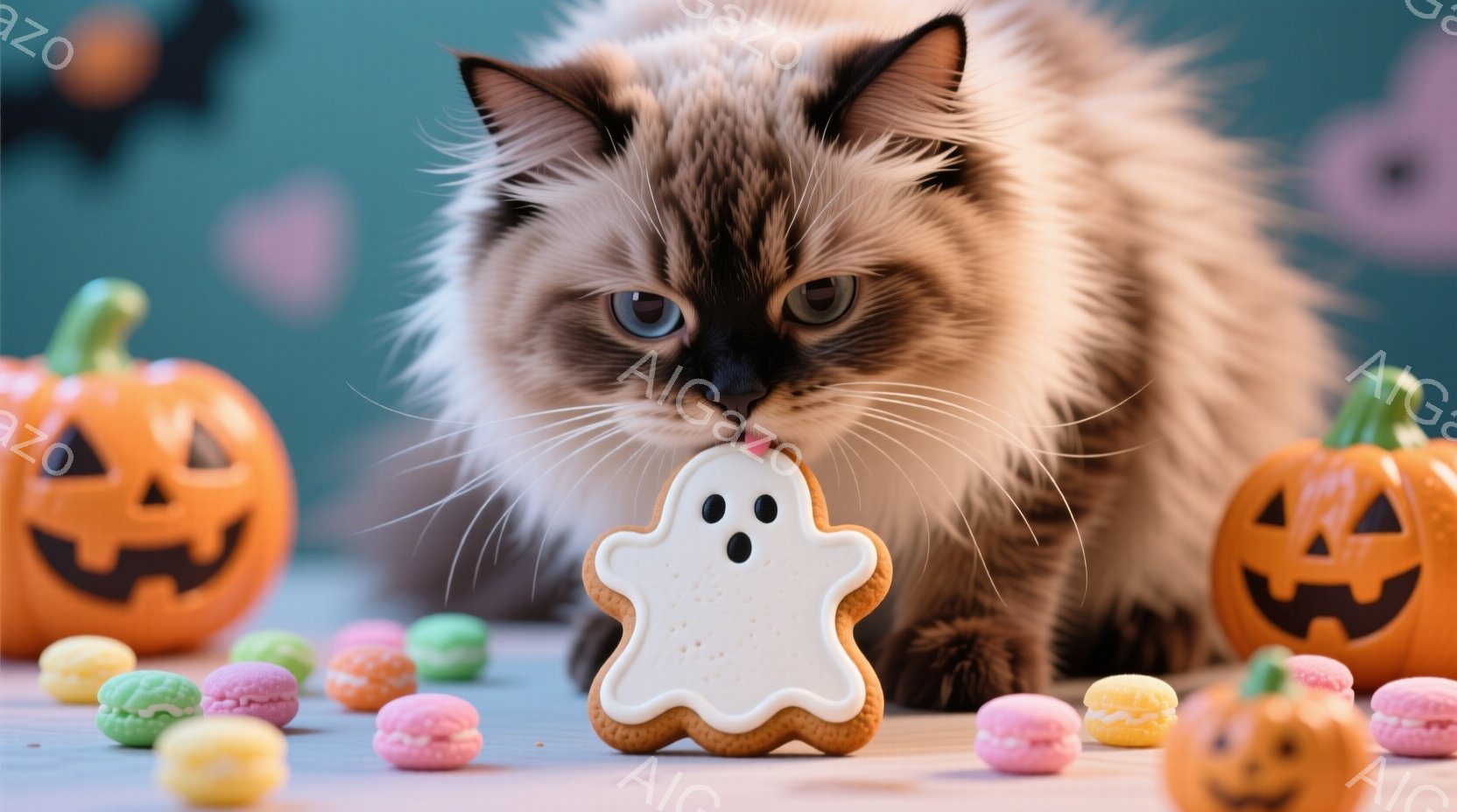 長毛の猫が、ハロウィーンをテーマにした背景の前で、お化けの形をしたクッキーに興味津々な表情で近づいています。背景にはオレンジ色のジャック・オ・ランタンと、カラフルなマカロンが散りばめられており、秋らし - AI生成フリー素材