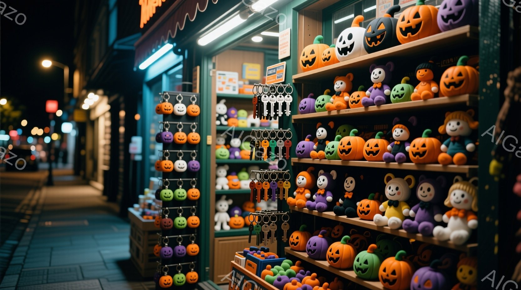 夜の通りに面したお店の棚には、オレンジ、紫、緑色のハロウィン風キーホルダーやぬいぐるみでいっぱいだ。棚は明るく照らされており、暗い夜の背景と対照的で、お祭り気分を醸し出している。歩道は空いており、季節の装飾が並んだ店の魅力的な光景が目に映る。