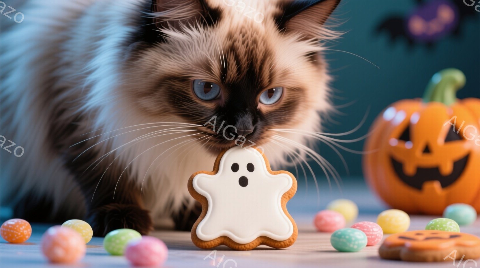 長毛のシャム猫が、ハロウィーンをテーマにしたクッキー（お化けの形）の前に身を乗り出しています。背景には、色とりどりのキャンディや、ジャック・オー・ランタンが並べられています。全体的に、ハロウィーンの楽 - AI生成フリー素材
