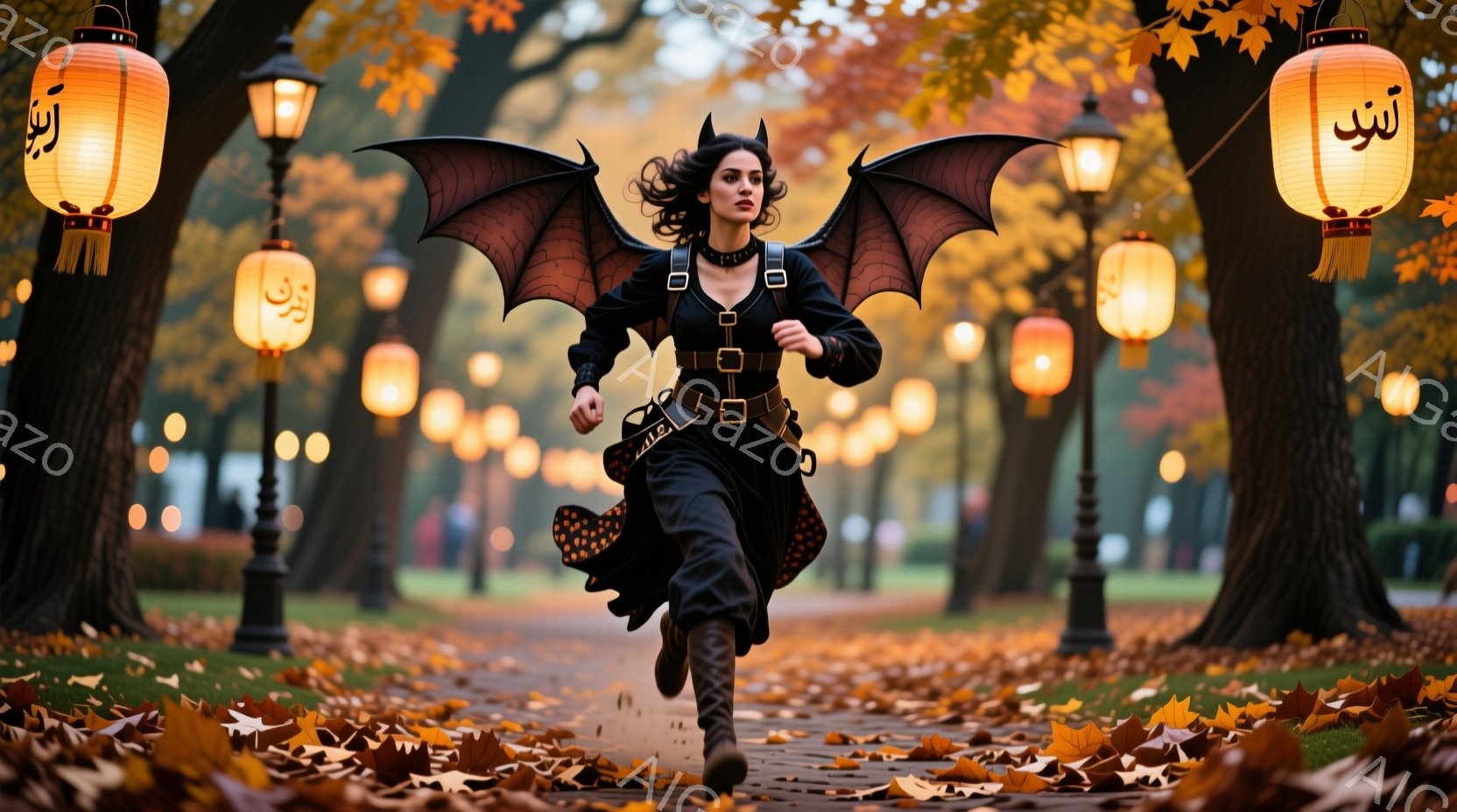 黒いドレスと翼を身につけた女性が公園の小道で走っている。彼女は黒髪をなびかせ、真剣な表情で前を見つめている。背景には黄色の葉が散りばめられた道、そして夕暮れ時の街路樹と提灯が並び、ハロウィーンの雰囲気を醸し出している。