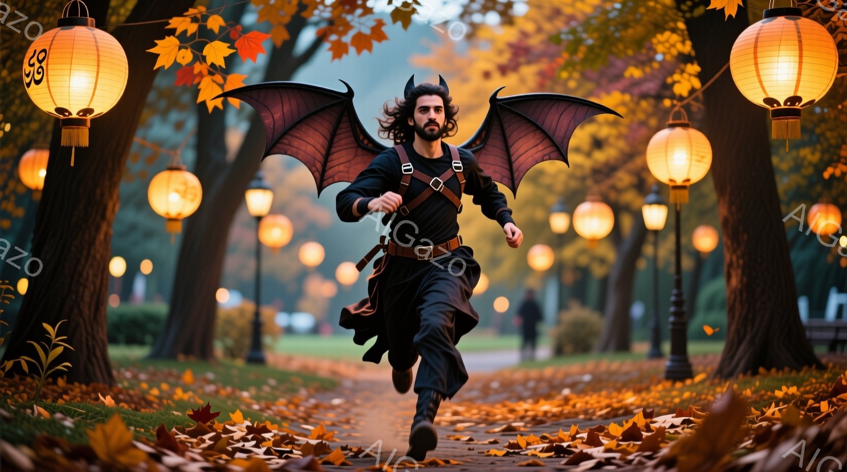 濃い緑の木々と落ち葉に覆われた遊歩道を、翼と角をつけた男性が力強く走り抜けている。彼は黒い服にベルトを締め、長い髪をなびかせ、真剣な表情で前を見据えている。背景には、ぼんやりと見える建物と、オレンジ色 - AI生成フリー素材