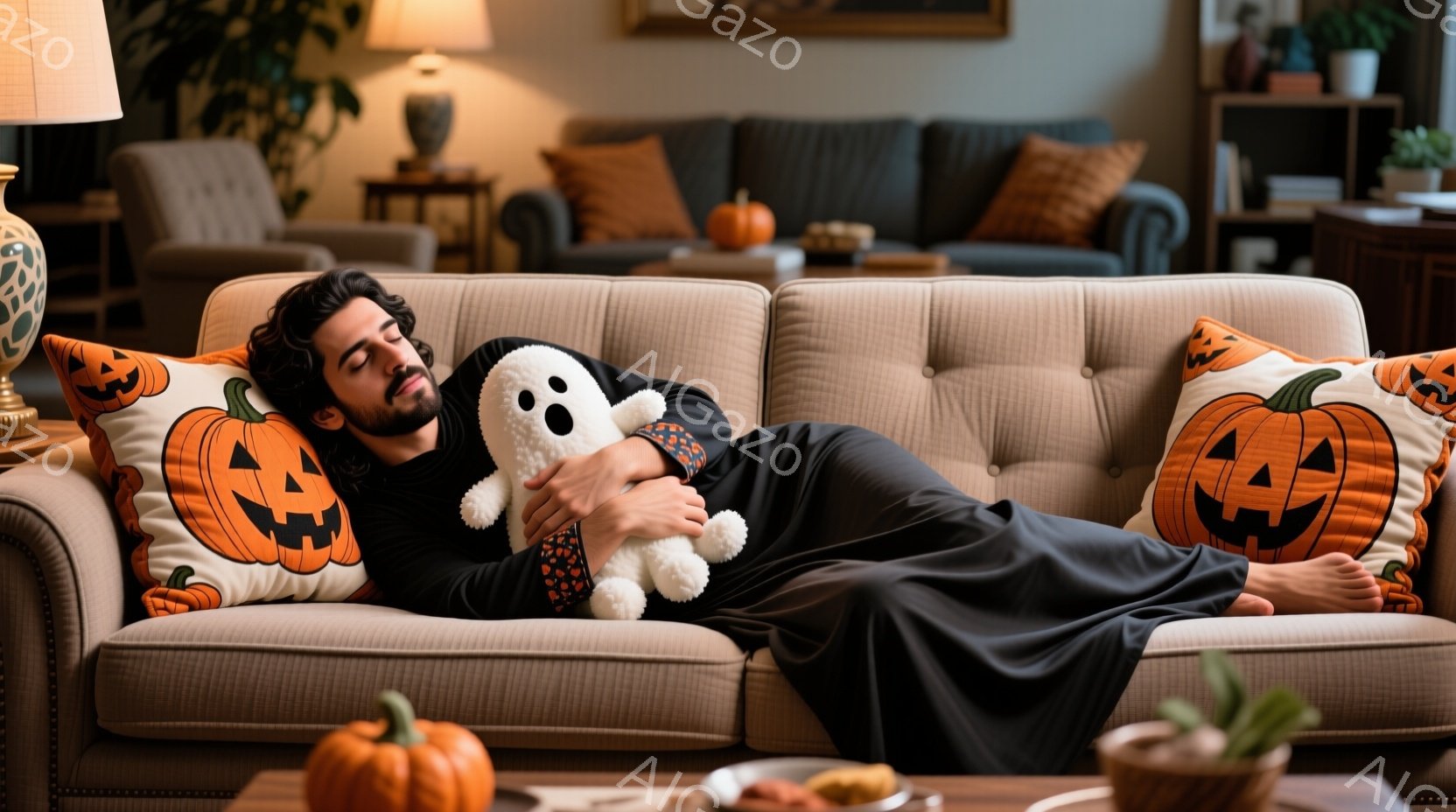 長い髪とあごひげを生やした男性が、ハロウィーンをテーマにした部屋のソファに横たわっています。彼は黒い服を着ており、白いお化けのぬいぐるみと抱き合っています。背景には、かぼちゃのクッションや置物、暖色の照明があり、リラックスした秋の雰囲気を醸し出しています。