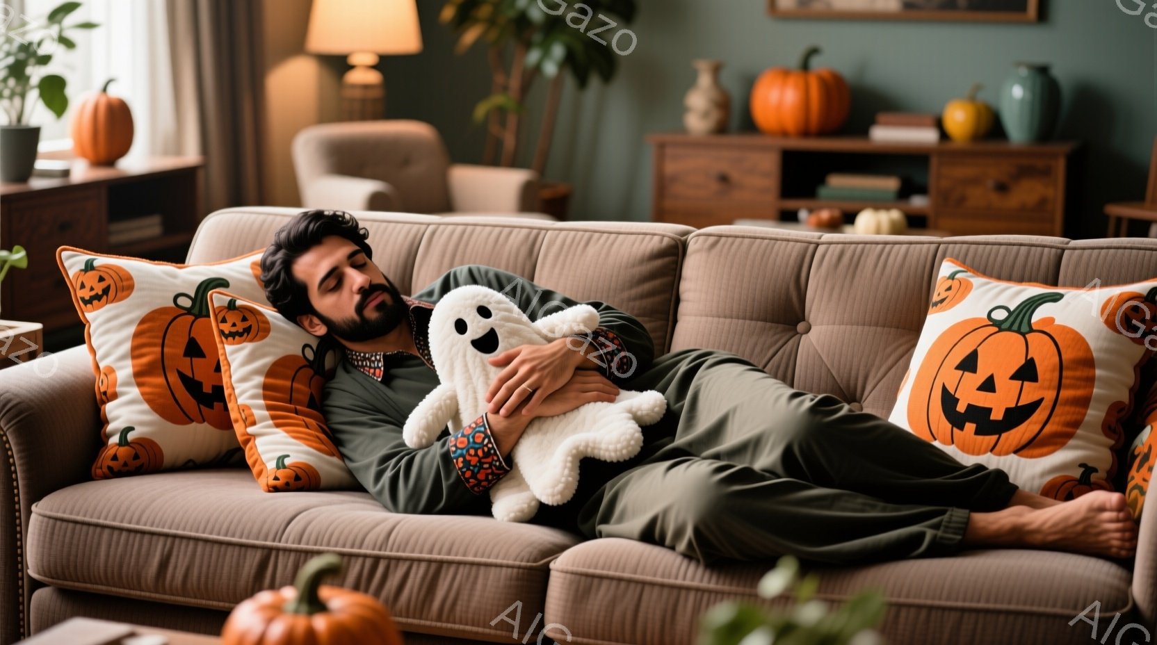 ソファに横たわる男性は、明るい色のパジャマとあごひげを生やしたヘアスタイルでリラックスした表情をしています。彼は白いお化けのぬいぐるみを抱きしめており、背景にはハロウィーンの装飾であるカボチャが置かれた棚や家具が見えます。部屋全体は暖かく、秋らしい、居心地の良い雰囲気です。