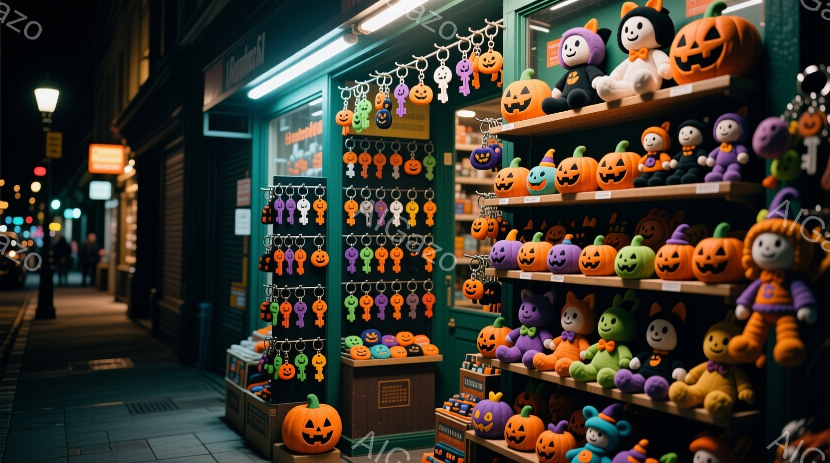 夜の街並みに、ハロウィーンをテーマにした店が並び、オレンジ、紫、緑色のカボチャのキーホルダーやぬいぐるみがたくさん飾られています。お店は薄暗い照明で照らされ、壁には可愛らしいカボチャの飾り付けが施され - AI生成フリー素材
