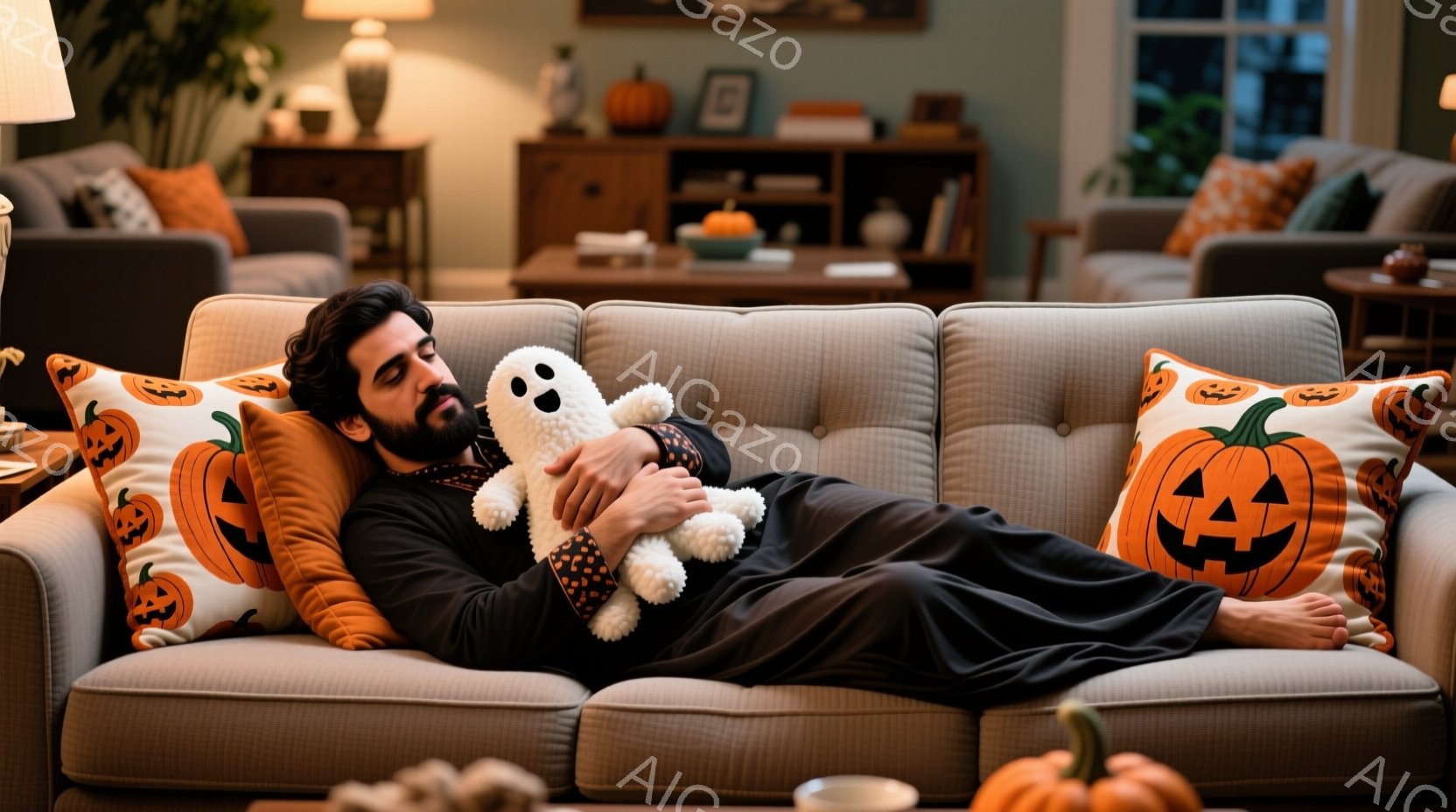 ハロウィンのテーマを持ったインテリアで、男性がオブジェットである白いガイコツ（お化け）のぬいぐるみを抱きしめて寝転んでいます。彼は眠ったような表情で、手足が散らかり、全体としてリラックスした雰囲気を感じます。背景にはハロウィンの特徴であるポンプキン（大皿）が見え、コーヒーテーブルもあり、これらはホリデイのような温かい雰囲気を出します。