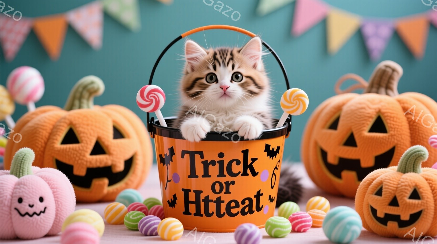 オレンジ色の背景に、ハロウィーンの飾り付けが並んでいます。カボチャのランタンやキャンディー、そして「Trick or Hteat」と書かれたバケツが置かれており、その中に愛らしい子猫が顔を出しています - AI生成フリー素材