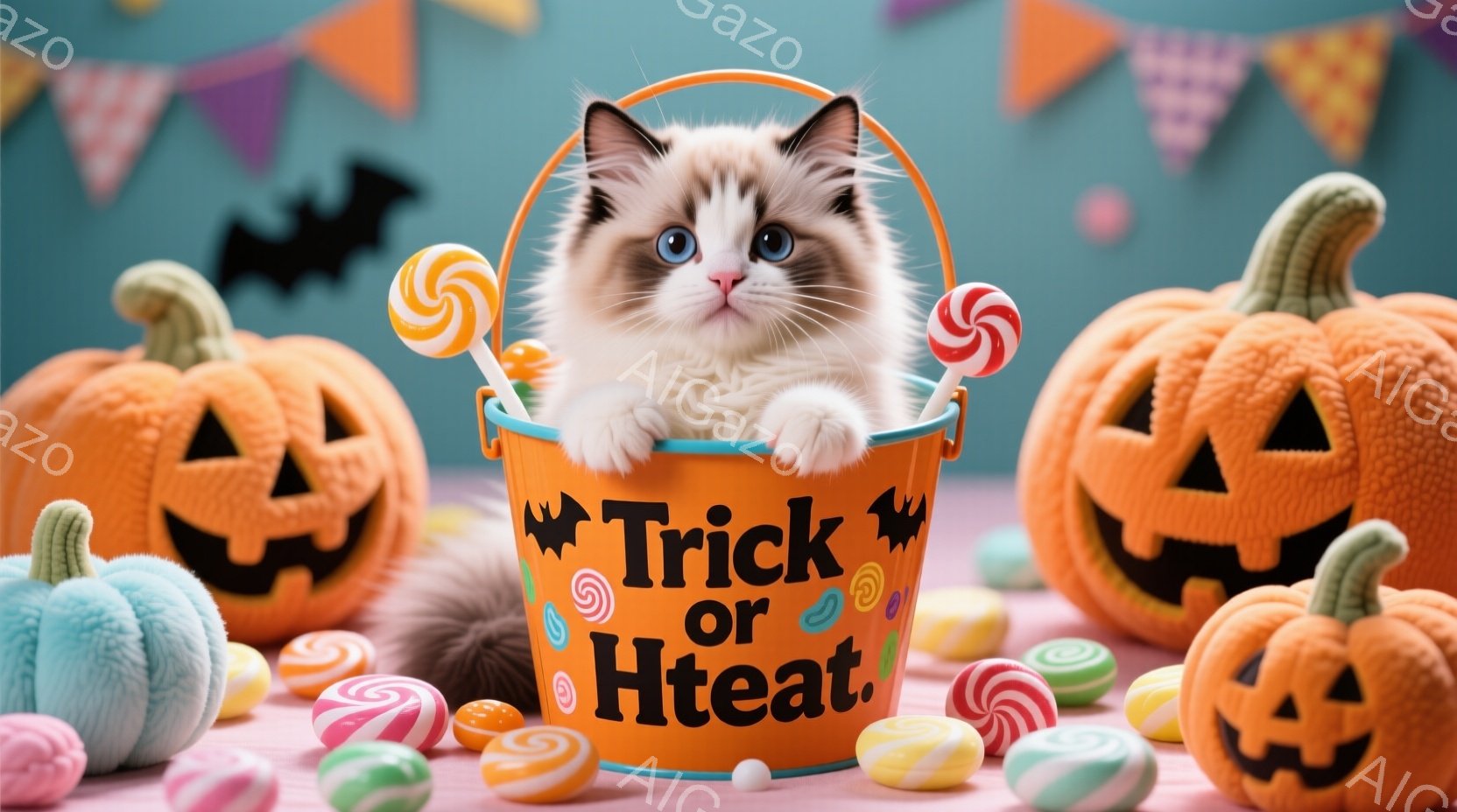 オレンジ色の「トリック・オア・トリート」と書かれたバケツの中に、ふわふわのクリーム色のキティが座っています。キティは青い目を輝かせ、少し驚いたような表情をしています。背景には、ハロウィーンのパンプキン、青いカボチャ、カラフルなキャンディが散りばめられ、お祭り気分を盛り上げています。