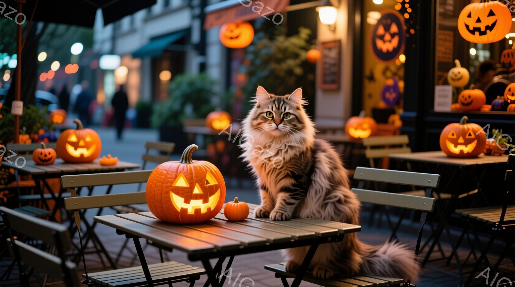 ハロウィーンの装飾が施された屋外のカフェに、縞模様の猫がテーブルの上に座っています。オレンジ色のジャック・オ・ランタンがテーブルやカフェの周りに配置され、暖かく幻想的な雰囲気を醸し出しています。カフェの背景には、ぼんやりと人影が見え、夜の街の賑わいを感じさせます。