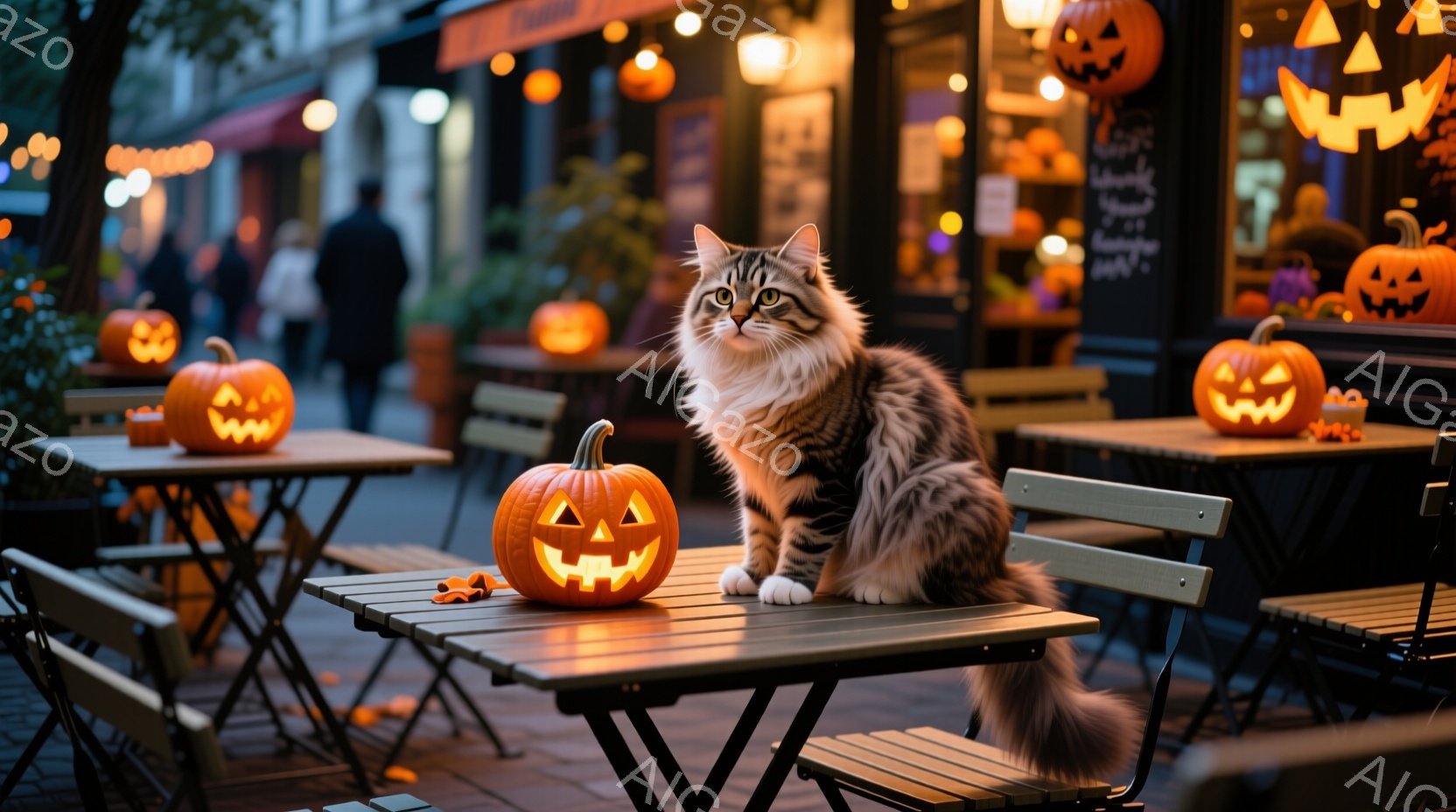 縞模様の猫が、ハロウィンのカボチャが置かれた屋外のカフェのテーブルに座っています。背景には、ハロウィンの装飾が施された建物と、ぼやけた人影が見え、温かく幻想的な雰囲気を醸し出しています。落ち葉が散らば - AI生成フリー素材