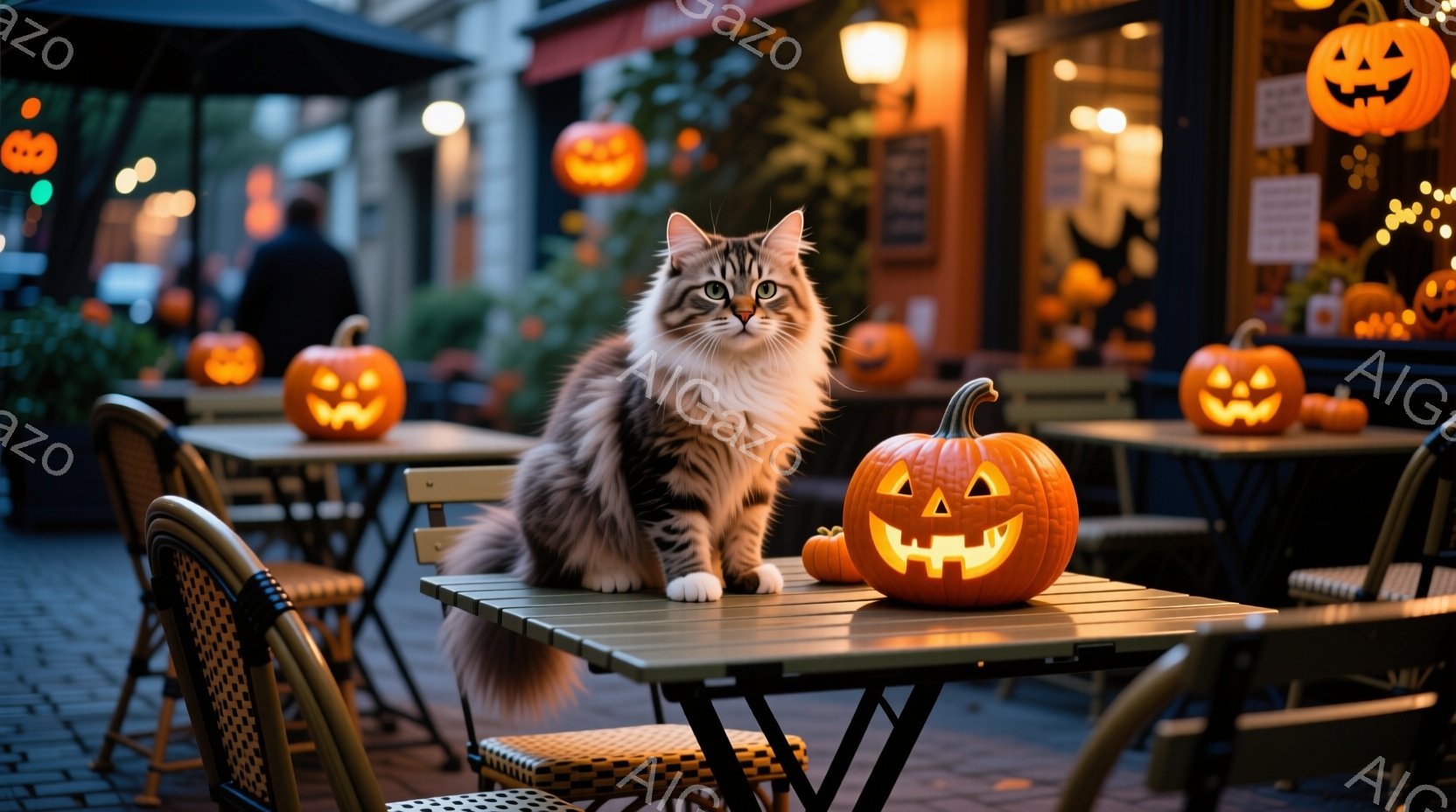 縞模様の猫が屋外カフェのテーブルに座っており、オレンジ色のジャックオーランタンがテーブルの上と周囲に配置されている。猫は正面を見据え、穏やかでリラックスした表情をしている。背景には、ハロウィーンの飾り - AI生成フリー素材