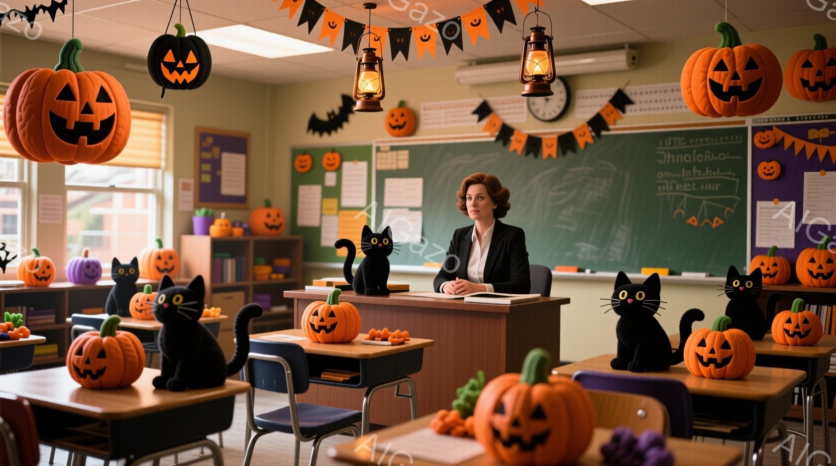 ハロウィーンの装飾で飾られた教室で、女性教師が正面の机に座っています。彼女は黒いジャケットとスカートを着ており、髪は後ろでまとめられています。教室にはたくさんのカボチャのランタンと黒猫の置物が飾られており、お祝いムードを醸し出しています。