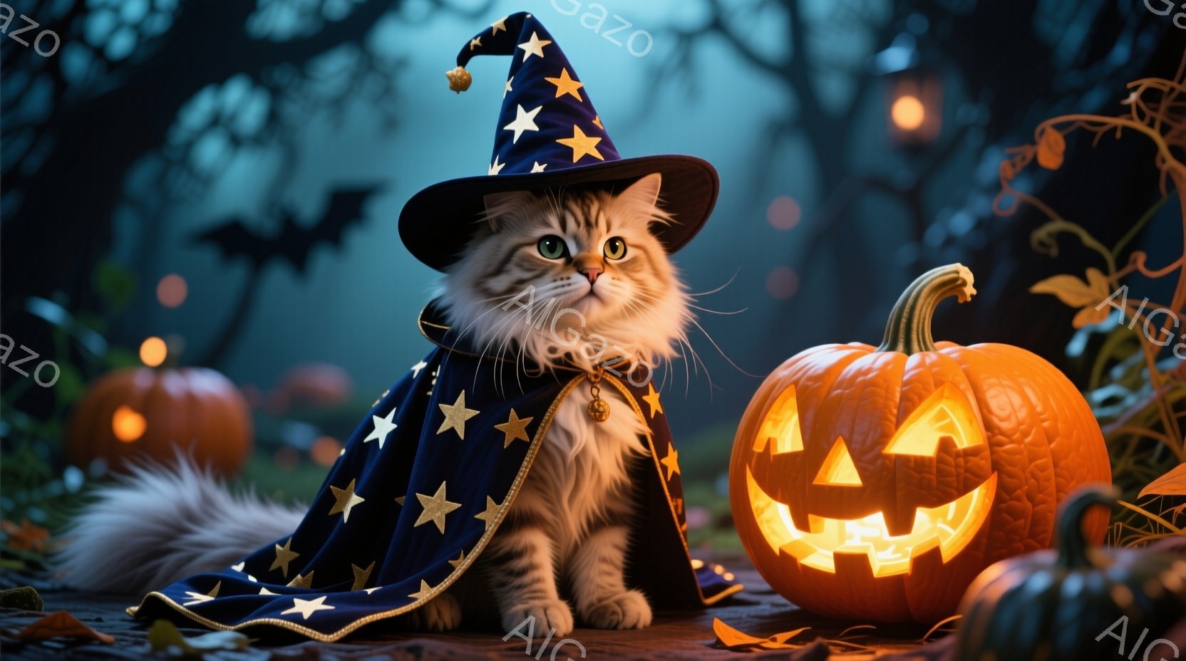 白い毛並みの猫が、星が散りばめられた青いマントと魔女帽子を身に着け、まるで小さな魔法使いのようです。猫は正面をまっすぐ見ており、どこか自信に満ちた表情をしています。背景には、ハロウィーンの象徴であるジ - AI生成フリー素材