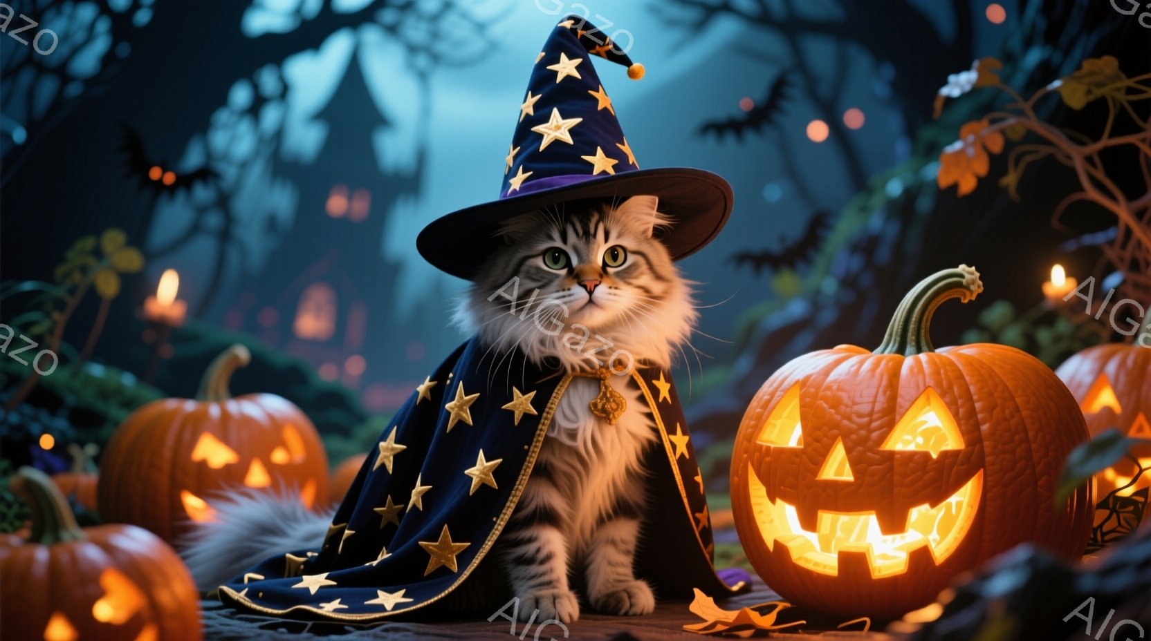 白い毛並みの小さな猫が、星が刺繍された濃い青色のローブと、先の尖った魔法使いの帽子を身に着けて座っています。猫は前に座り、少し上目遣いで見つめ、表情は穏やかです。背景には、お化け屋敷のような建物や木々 - AI生成フリー素材