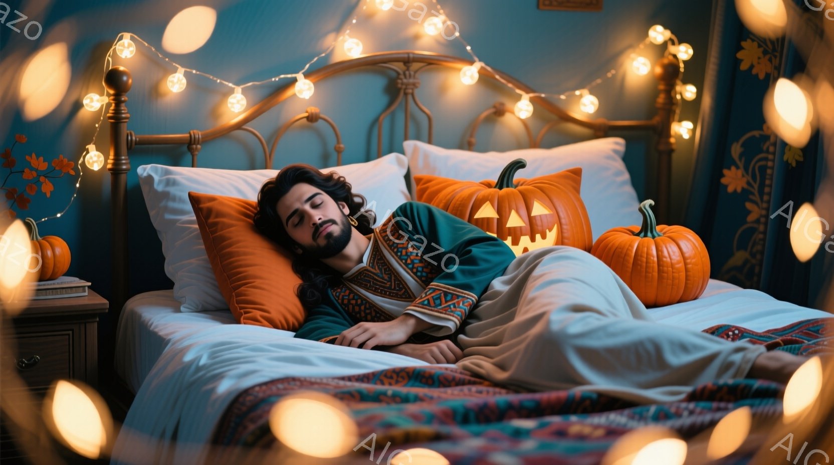 長い巻き毛の男性がベッドで眠っており、クリーム色のパジャマを着ています。背景にはハロウィーンの飾り付け、特に様々な大きさのジャック・オー・ランタンと電飾があり、温かみのあるオレンジと明るい光が印象的です。部屋全体は秋らしい雰囲気で、心地よくリラックスした空間を表現しています。