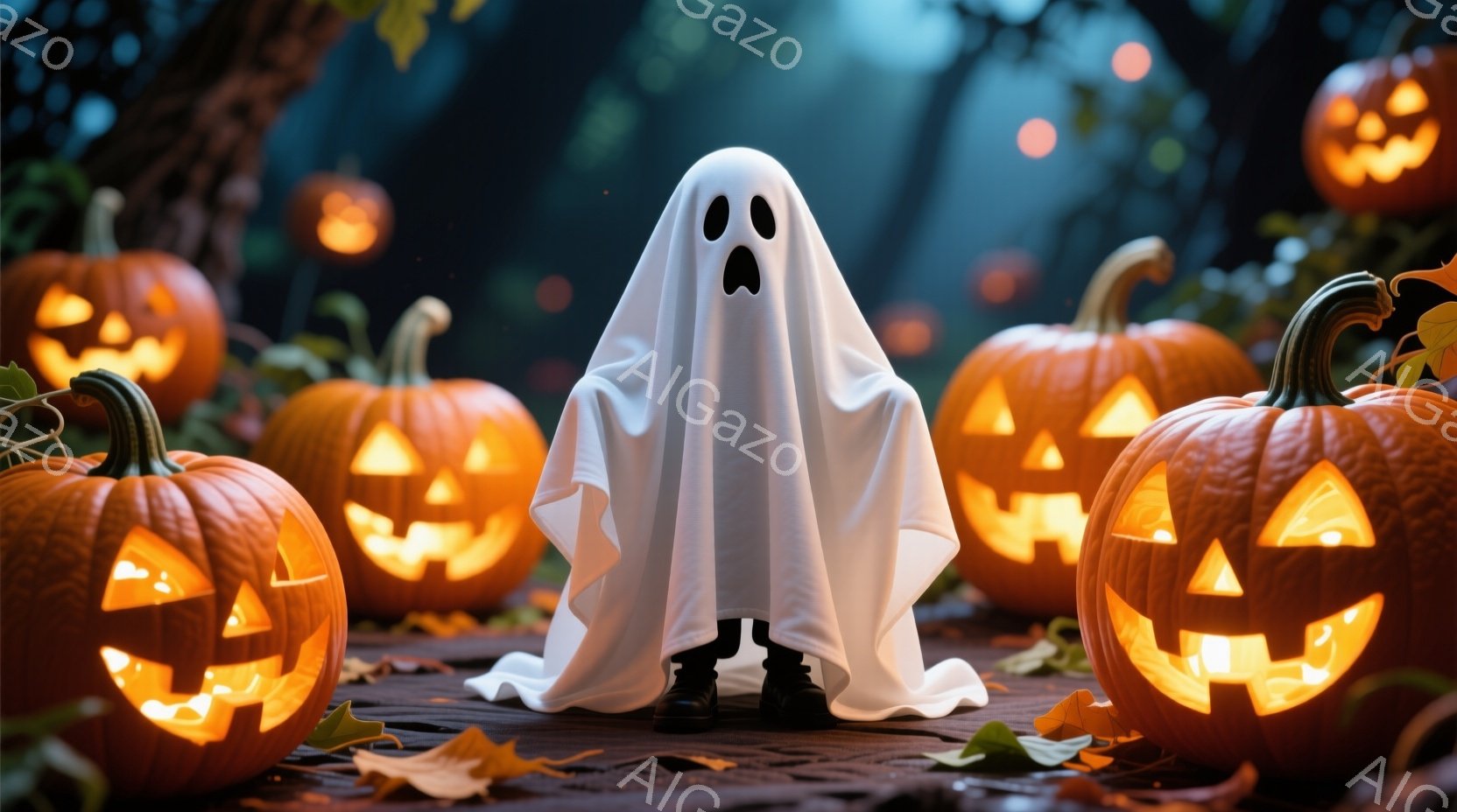 白い布を被った子供が、切り抜かれた目を通してこちらを見ている。周囲には、不気味な笑顔で照らされた彫刻されたカボチャが並び、暗い森の中の道に配置されている。全体的に、ハロウィーンの夜を連想させる、少し不気味で遊び心のある雰囲気である。