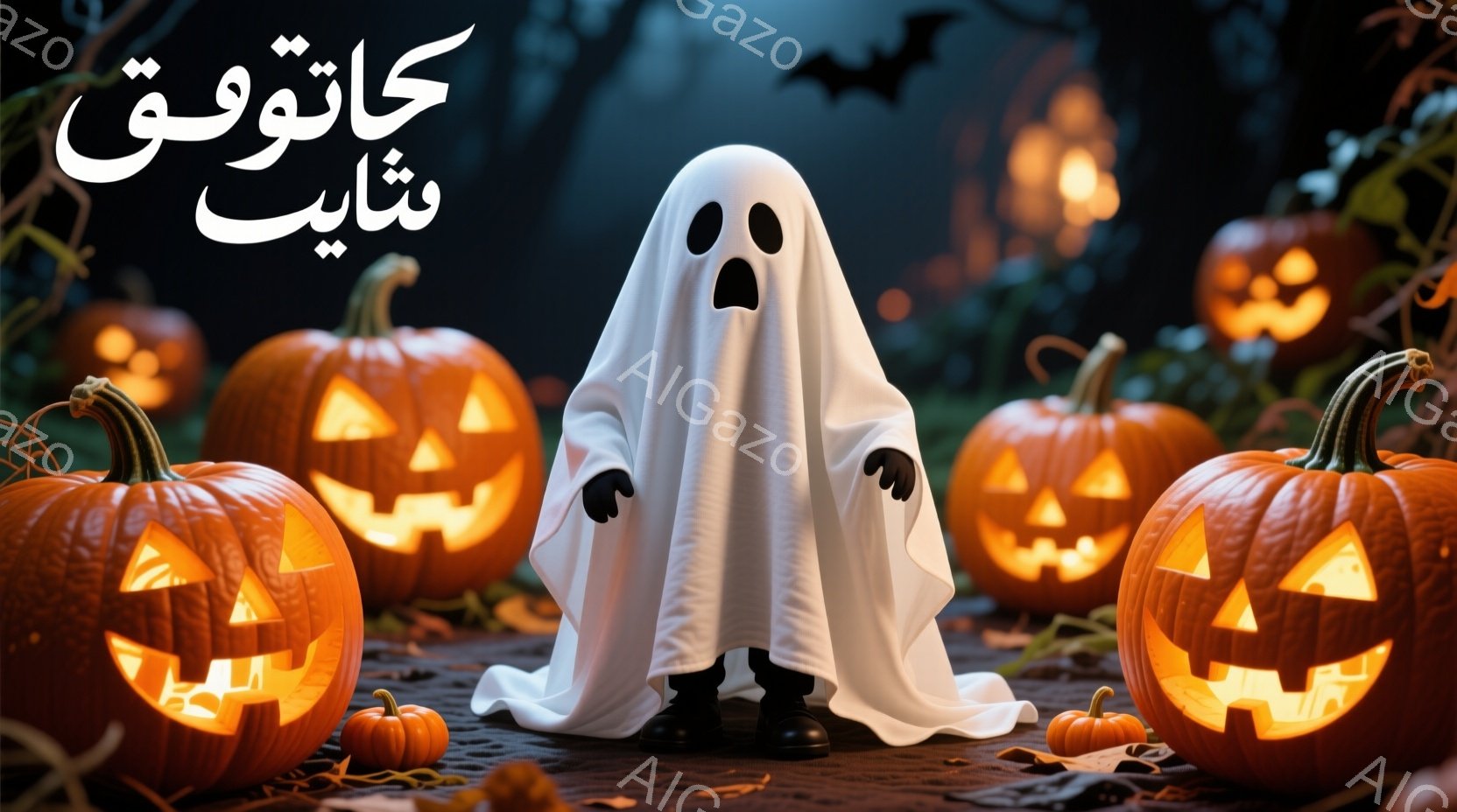 白い幽霊の衣装を着た子供が、ジャック・オー・ランタンに囲まれて立っています。背景には暗い森と、ぼんやりとしたオレンジ色の光を放つ建物が見え、ハロウィーンの夜らしい不気味な雰囲気が漂っています。幽霊は黒 - AI生成フリー素材